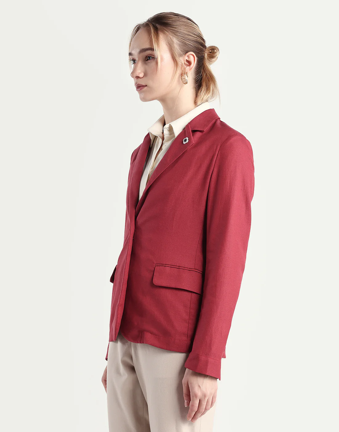 Rareism Women's Linzy-T Red 100% Linen Full Sleeve Lapel Neck Regular Plain Blazer - Image 6