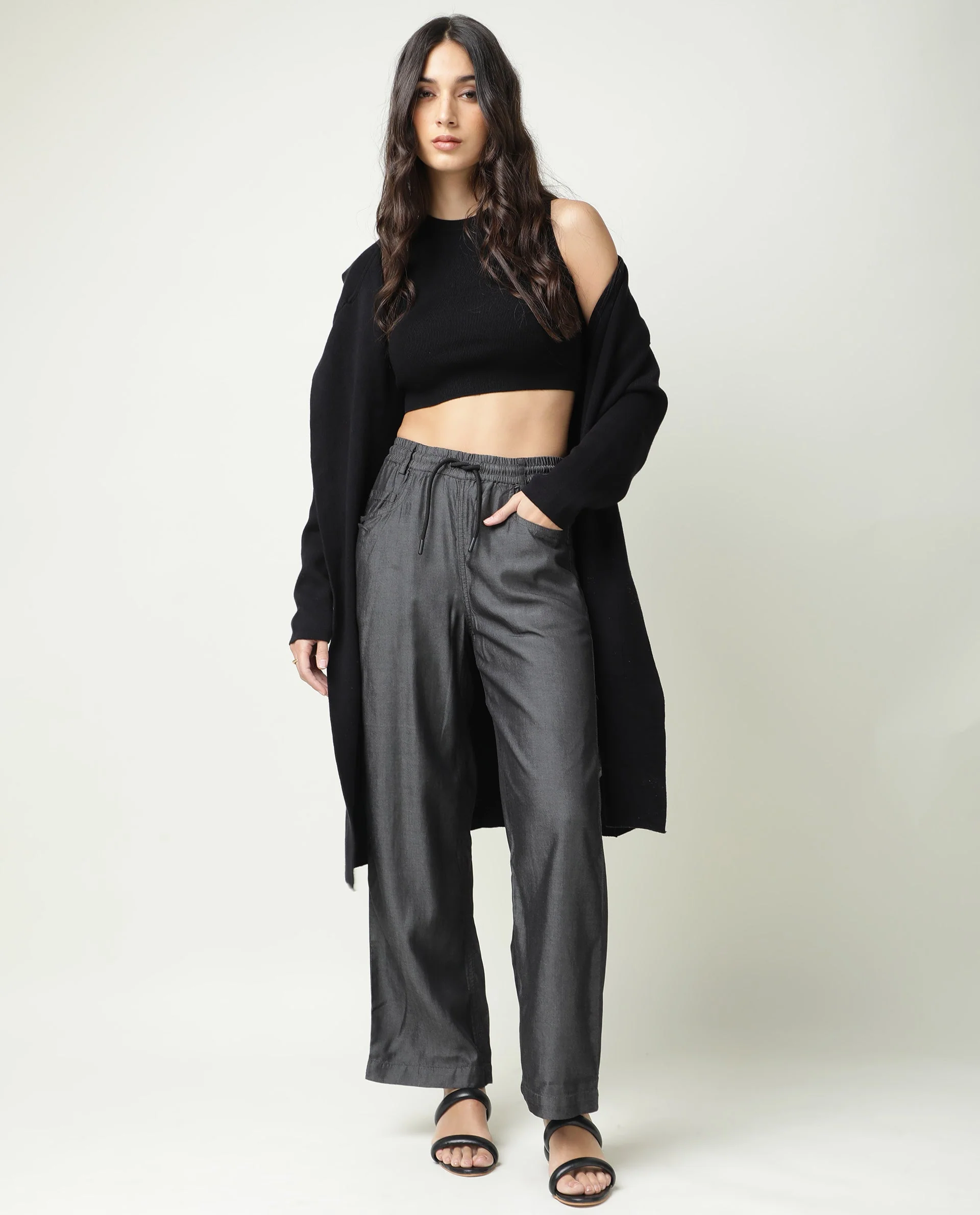 Rareism Women's Lipo Black Tencel Plain Ankle Length Relaxed Fit Palazzo
