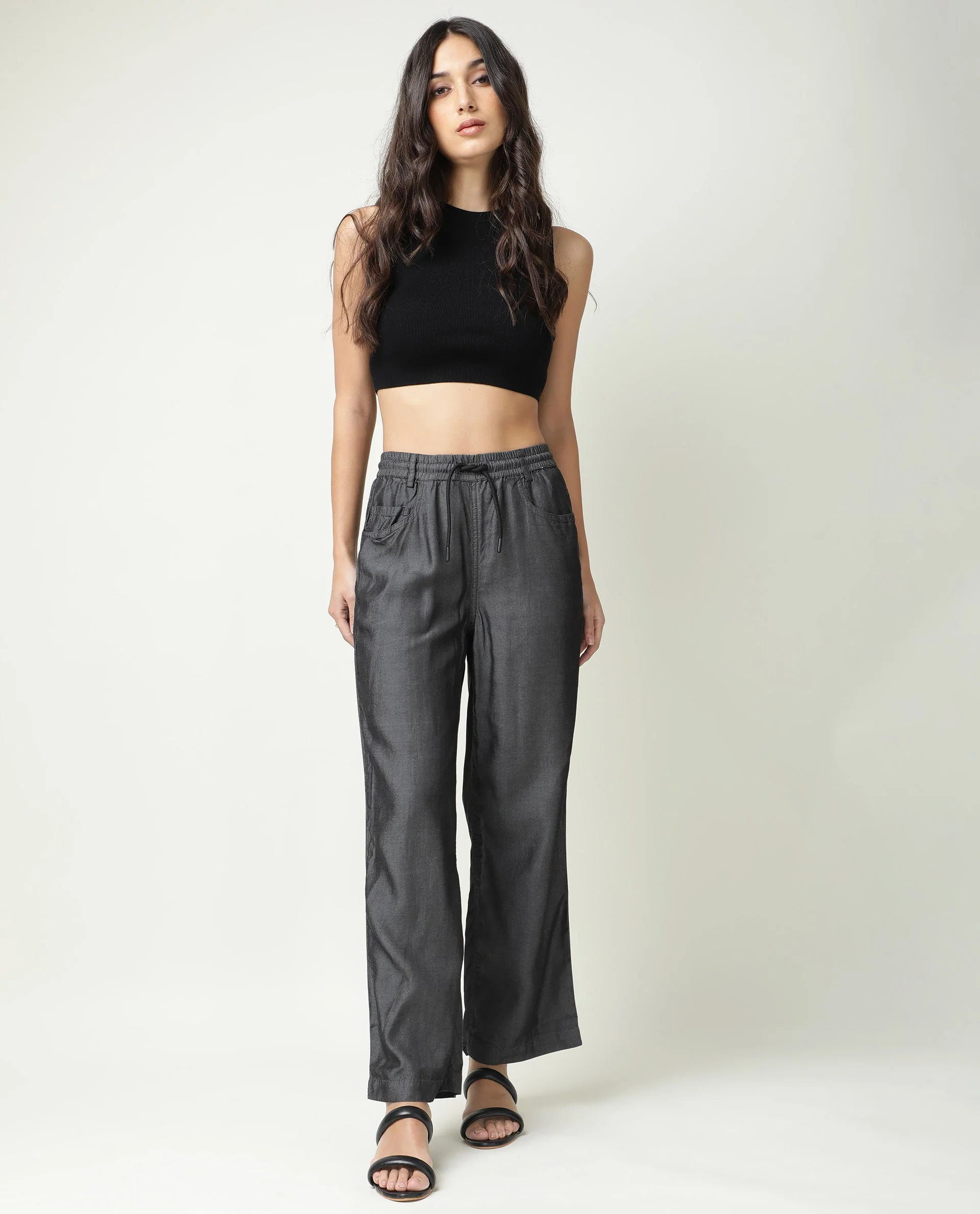Rareism Women's Lipo Black Tencel Plain Ankle Length Relaxed Fit Palazzo - Image 10