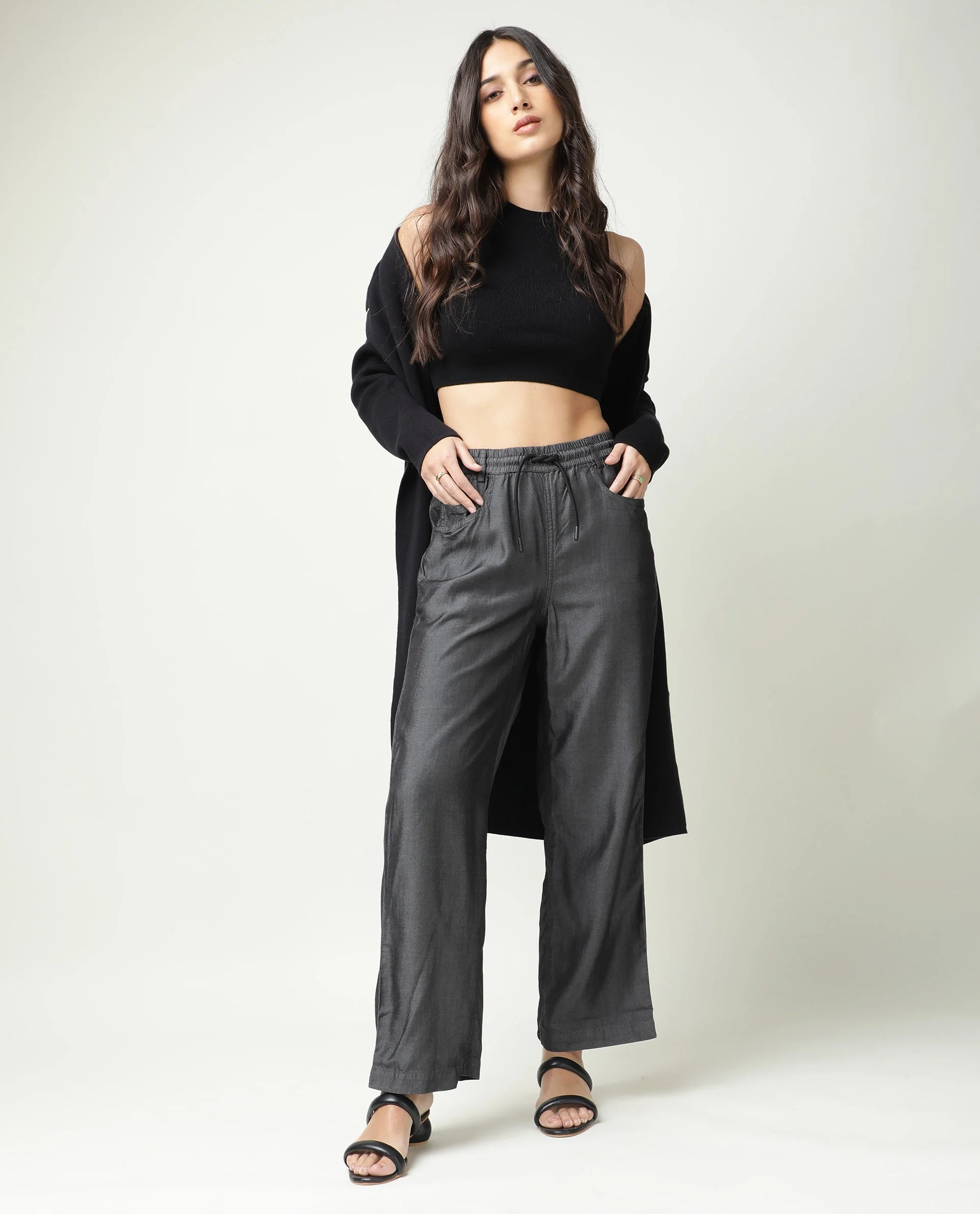 Rareism Women's Lipo Black Tencel Plain Ankle Length Relaxed Fit Palazzo - Image 2