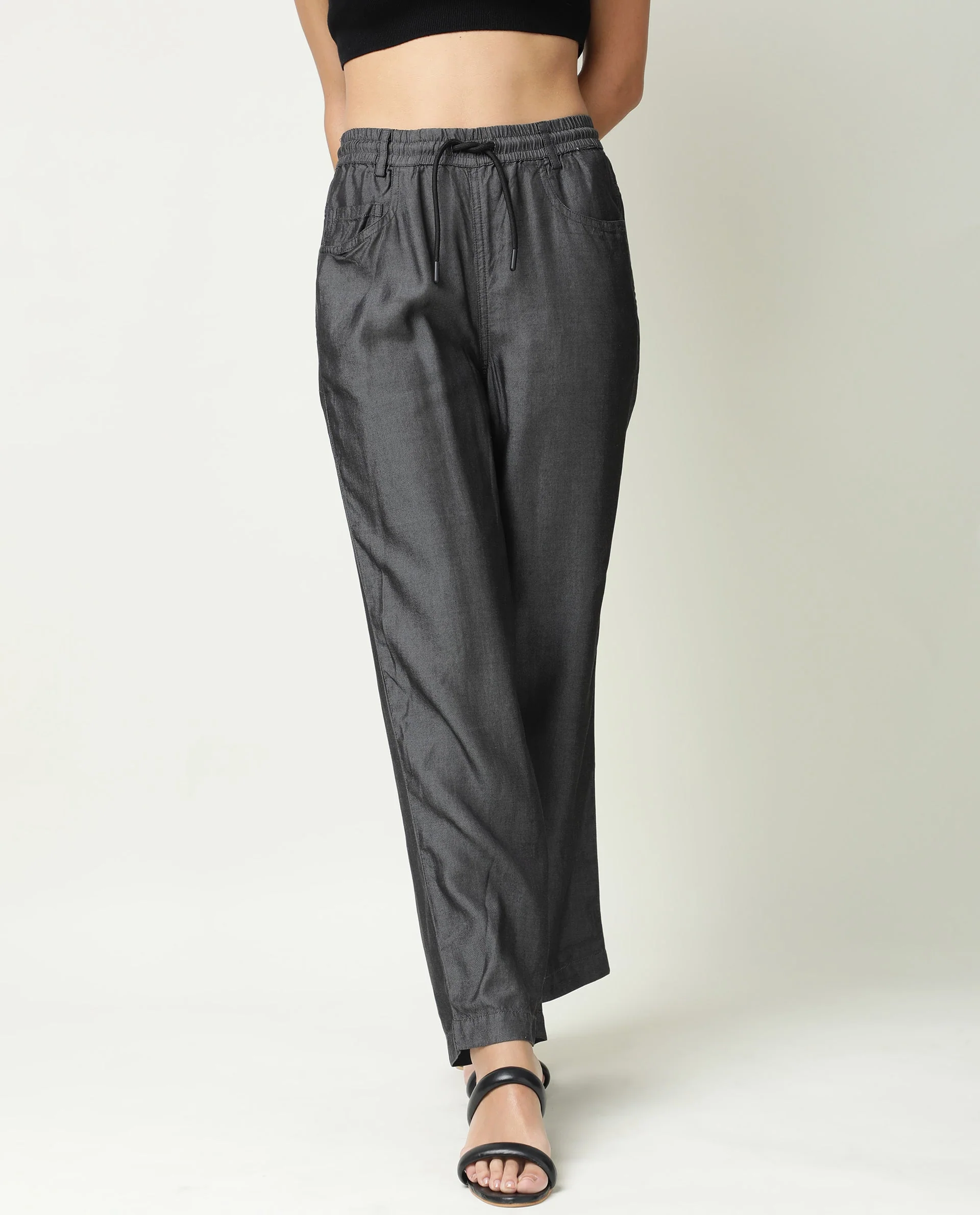 Rareism Women's Lipo Black Tencel Plain Ankle Length Relaxed Fit Palazzo - Image 7