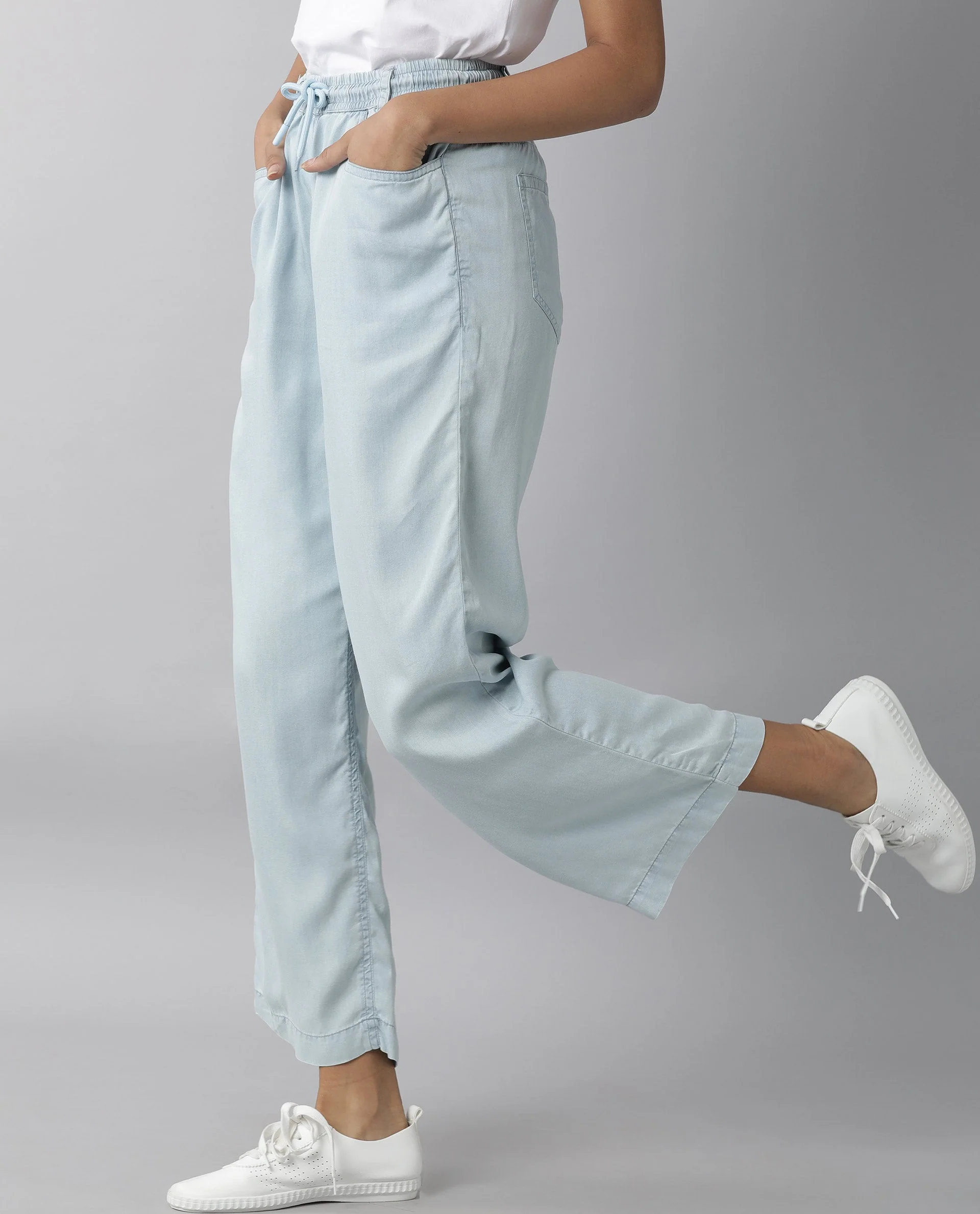 Rareism Women's Lipo Blue Tencel Plain Ankle Length Relaxed Fit Trouser - Image 5