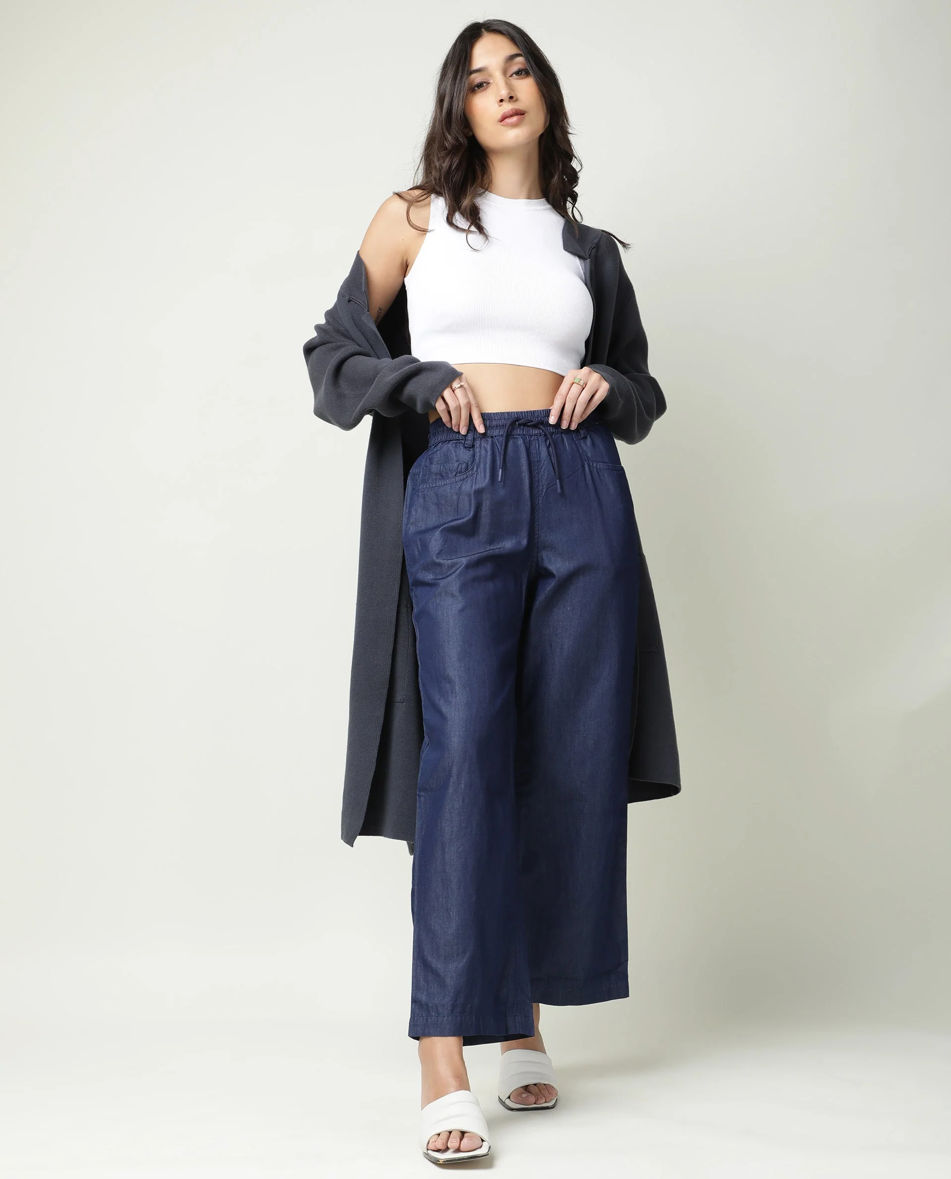Rareism Women's Lipo Blue Tencel Plain Ankle Length Relaxed Fit Trouser
