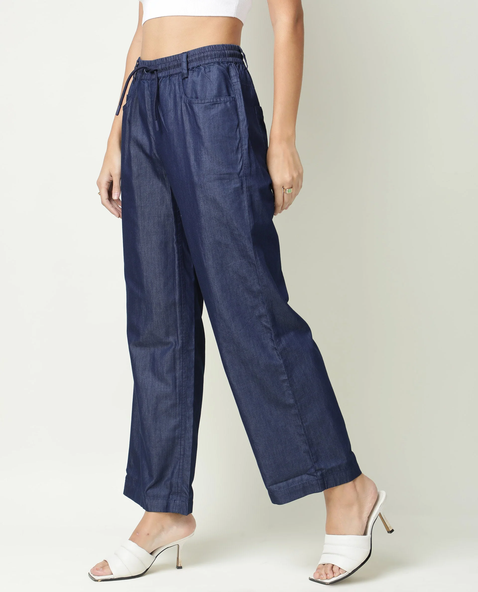 Rareism Women's Lipo Blue Tencel Plain Ankle Length Relaxed Fit Trouser - Image 11