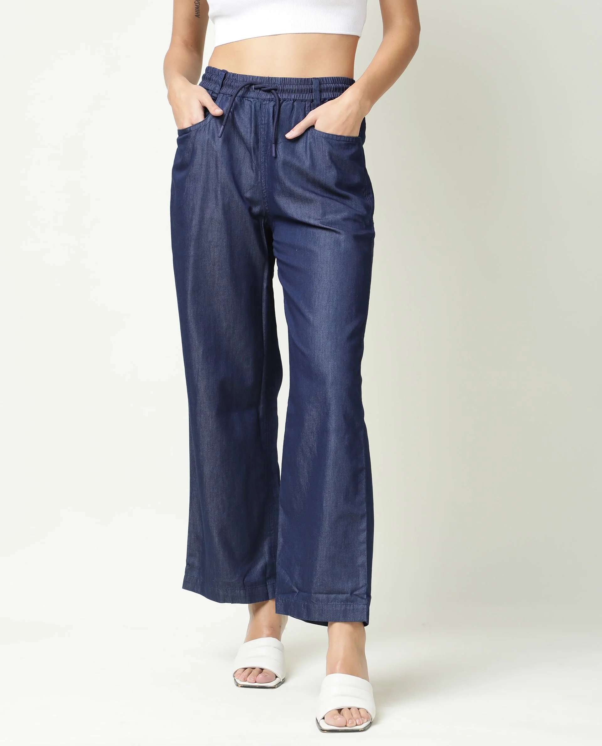 Rareism Women's Lipo Blue Tencel Plain Ankle Length Relaxed Fit Trouser - Image 2
