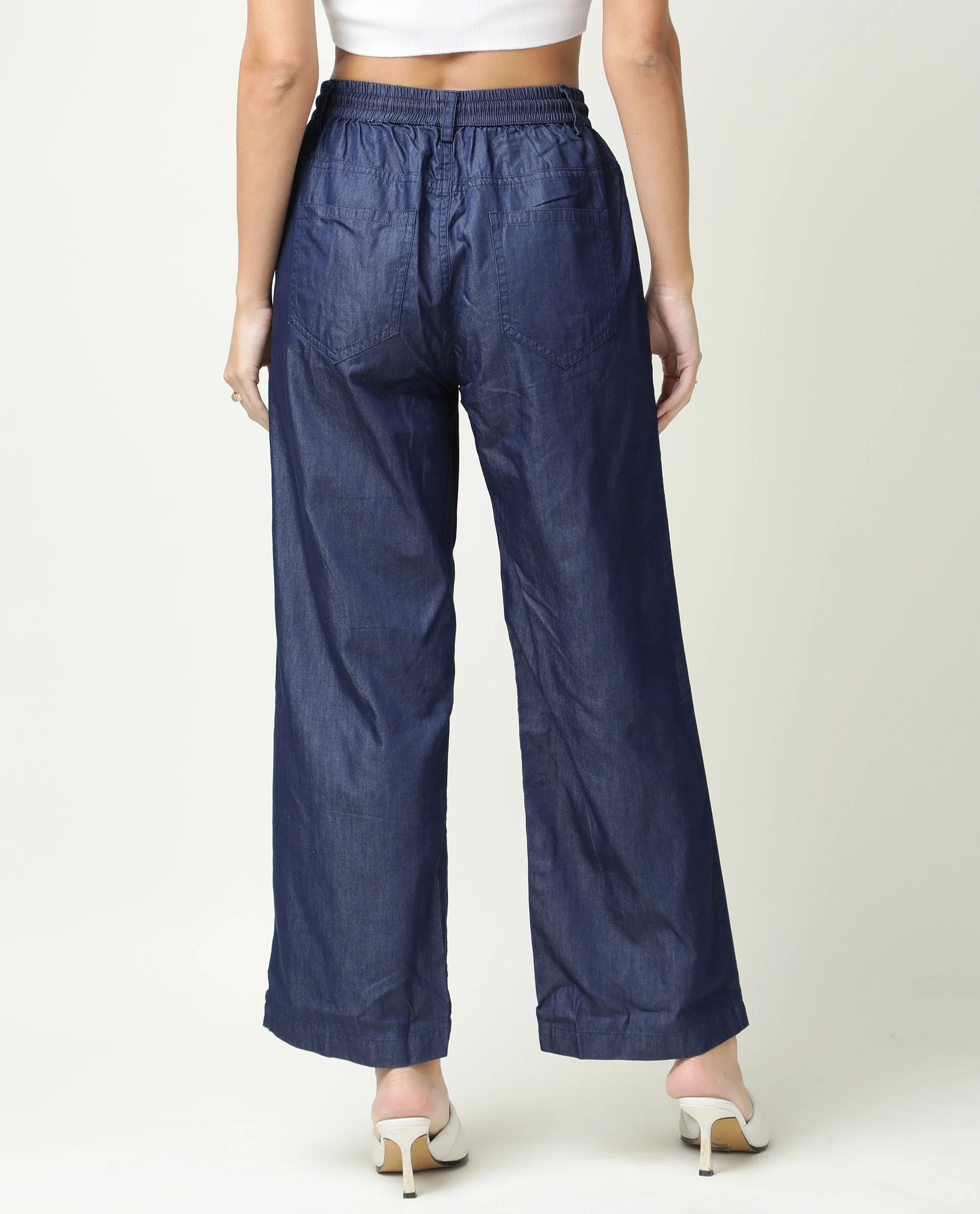 Rareism Women's Lipo Blue Tencel Plain Ankle Length Relaxed Fit Trouser - Image 3