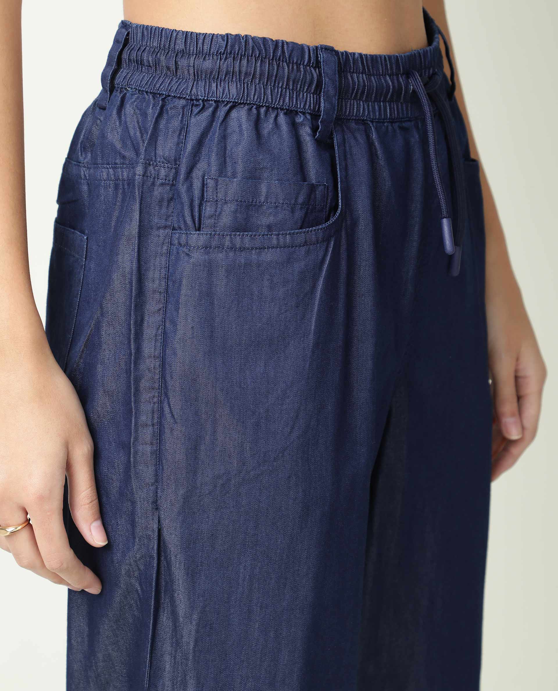 Rareism Women's Lipo Blue Tencel Plain Ankle Length Relaxed Fit Trouser - Image 4