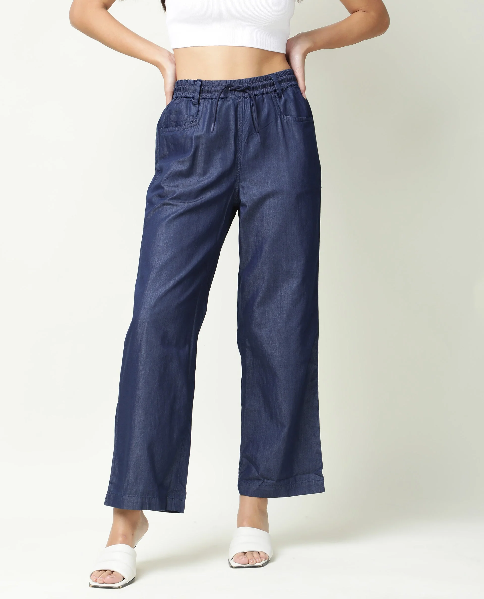 Rareism Women's Lipo Blue Tencel Plain Ankle Length Relaxed Fit Trouser - Image 6