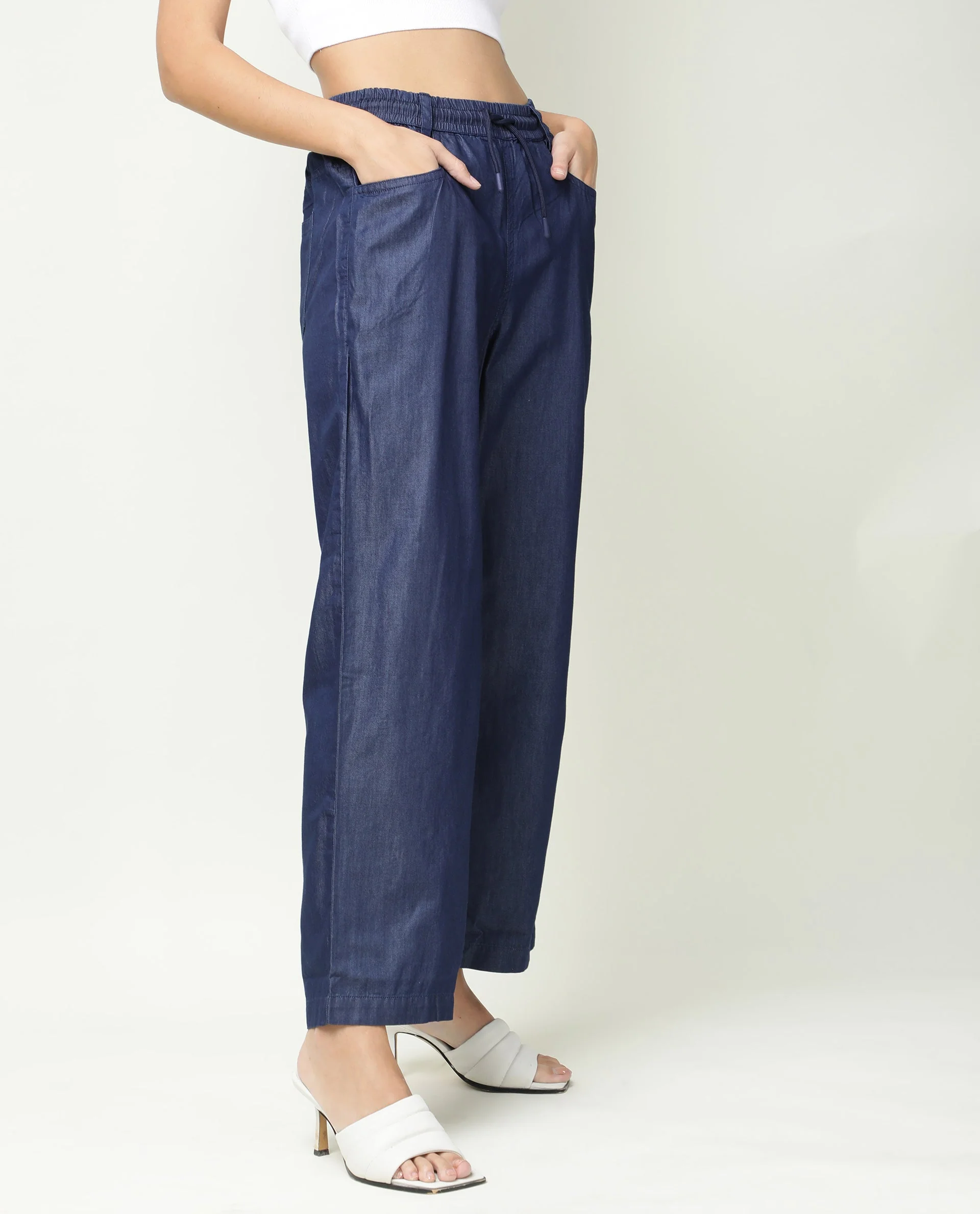 Rareism Women's Lipo Blue Tencel Plain Ankle Length Relaxed Fit Trouser - Image 7