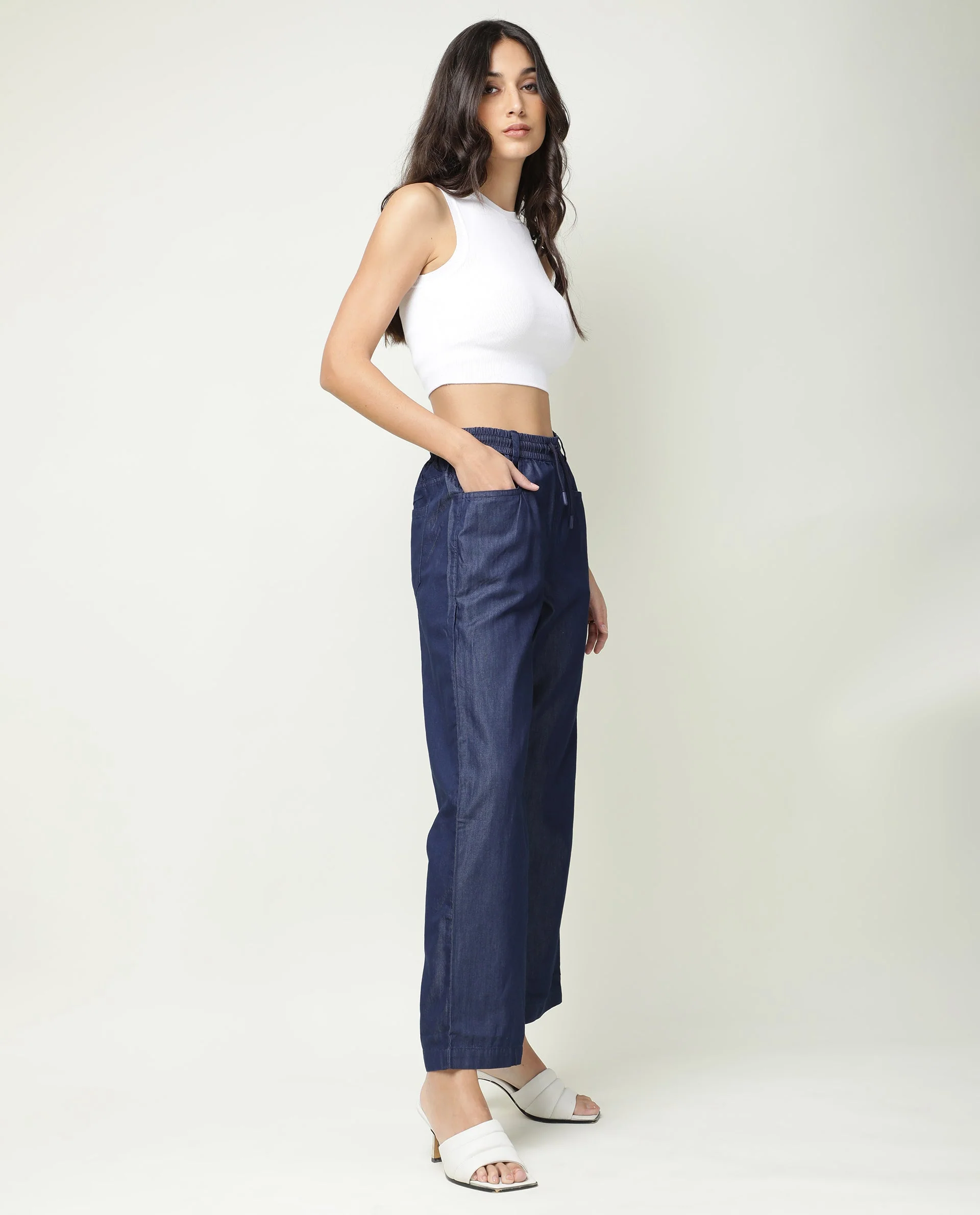 Rareism Women's Lipo Blue Tencel Plain Ankle Length Relaxed Fit Trouser - Image 8