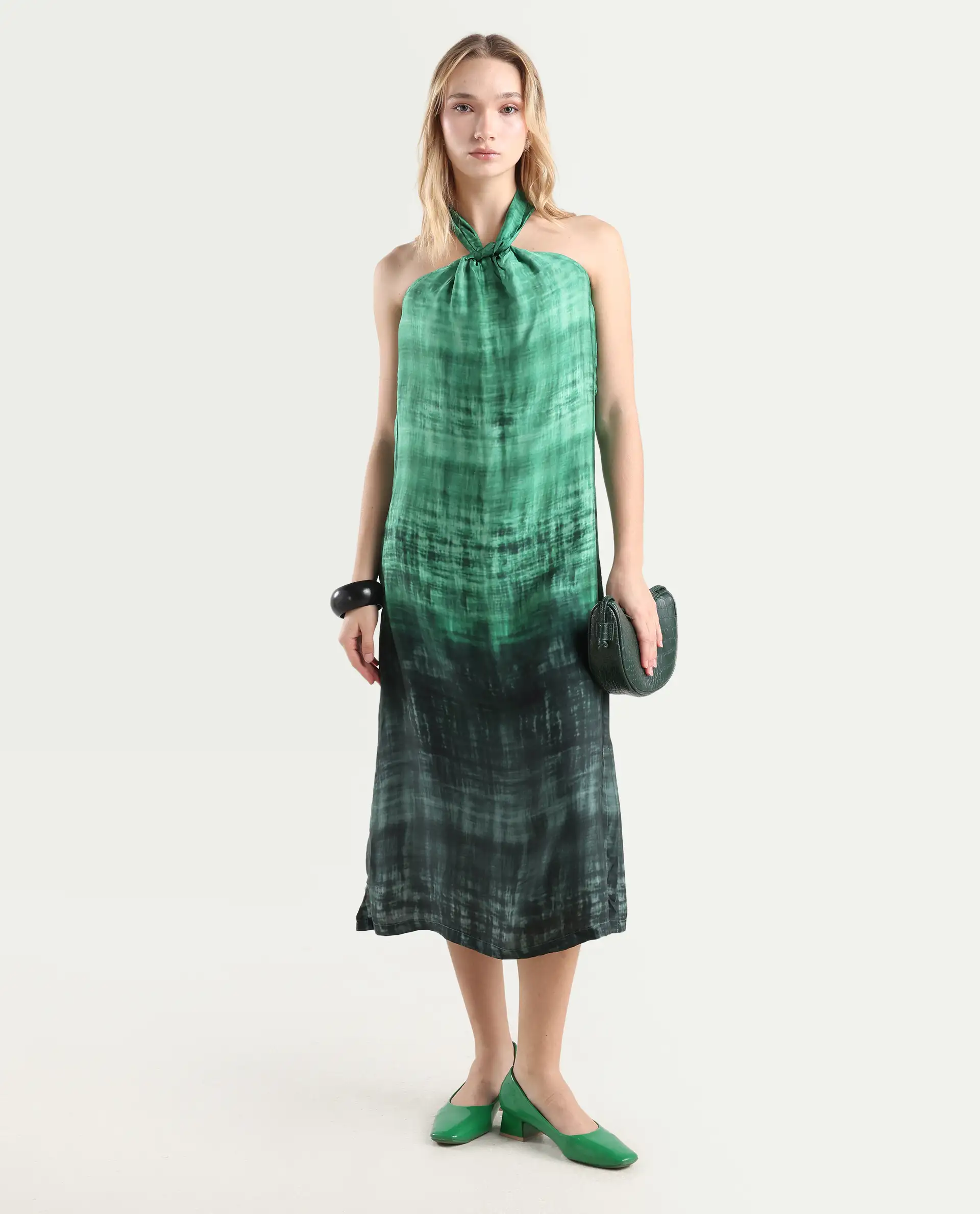 Rareism Women's Lipos Green Halter Neck Color Block Sleeveless Midi Regular Fit Dress - Image 2