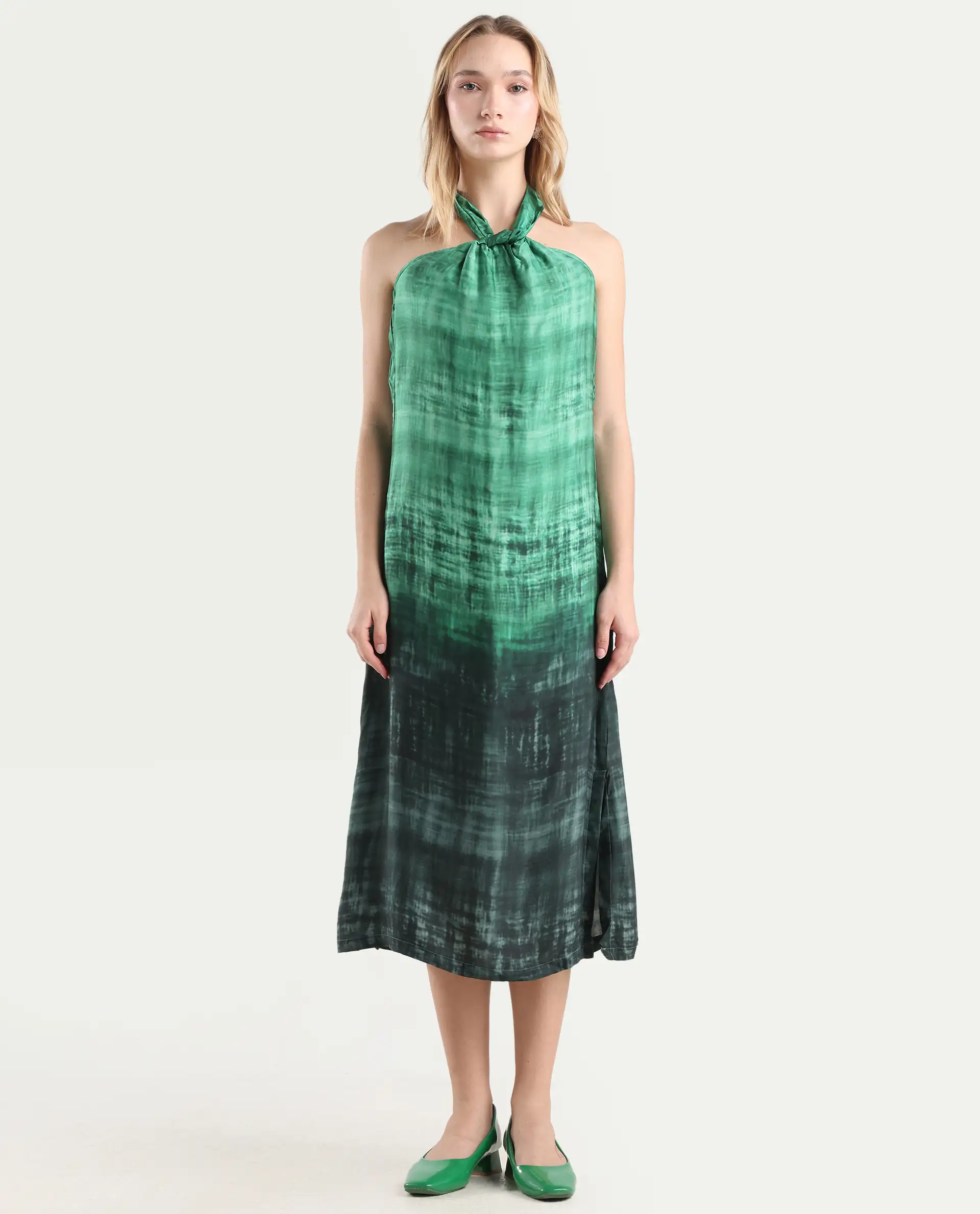 Rareism Women's Lipos Green Halter Neck Color Block Sleeveless Midi Regular Fit Dress - Image 3