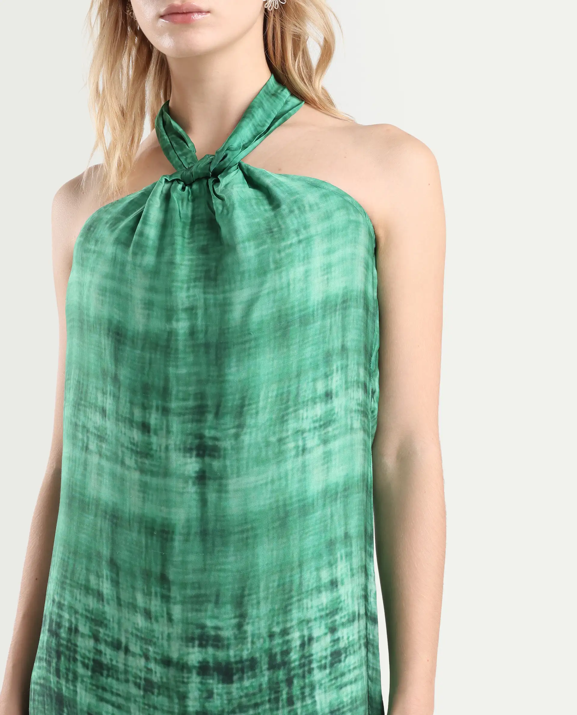 Rareism Women's Lipos Green Halter Neck Color Block Sleeveless Midi Regular Fit Dress - Image 4