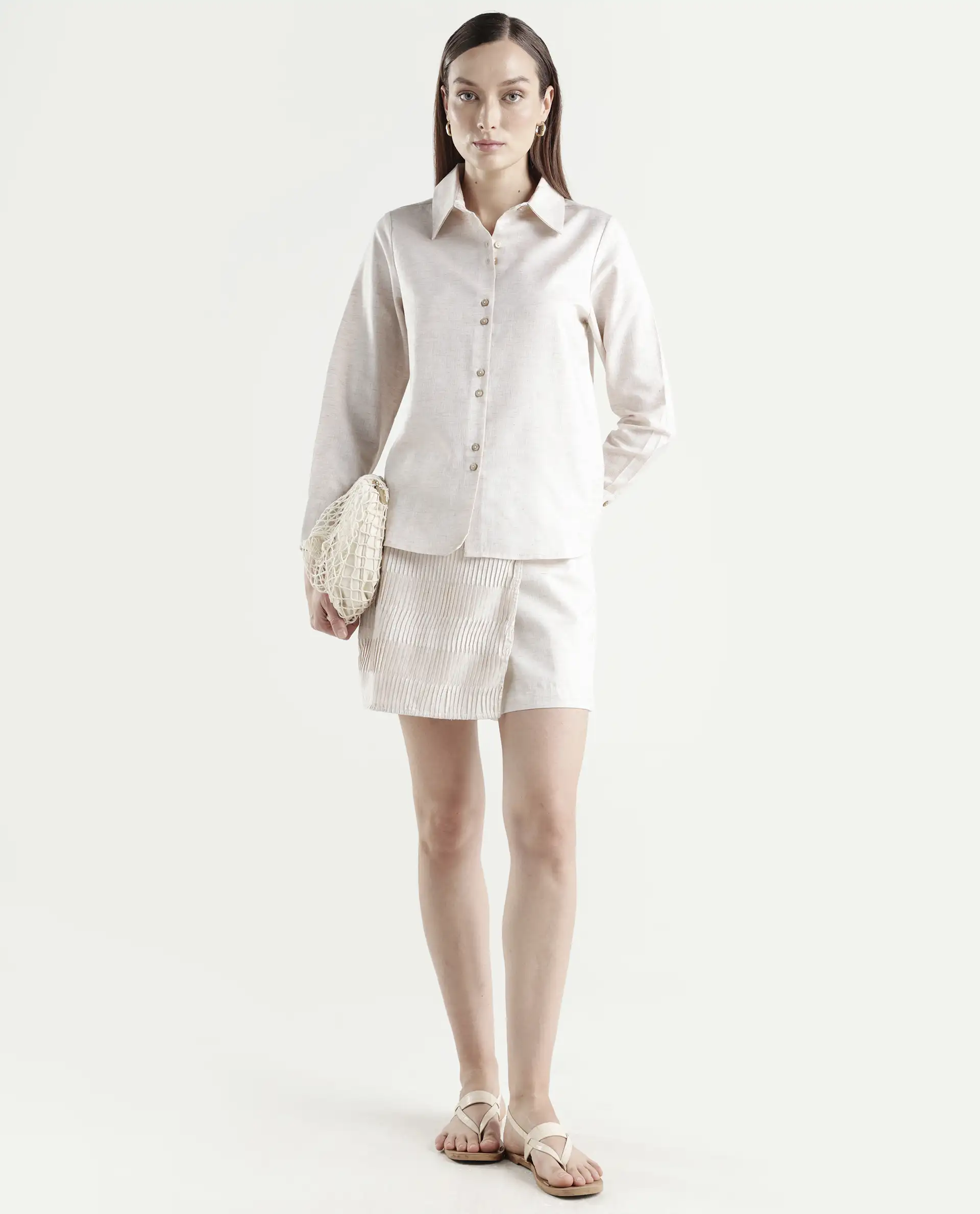 Rareism Women's Lippta Beige Polyester Spread Collar Plain Cuffed Sleeve Regular Fit Top - Image 2