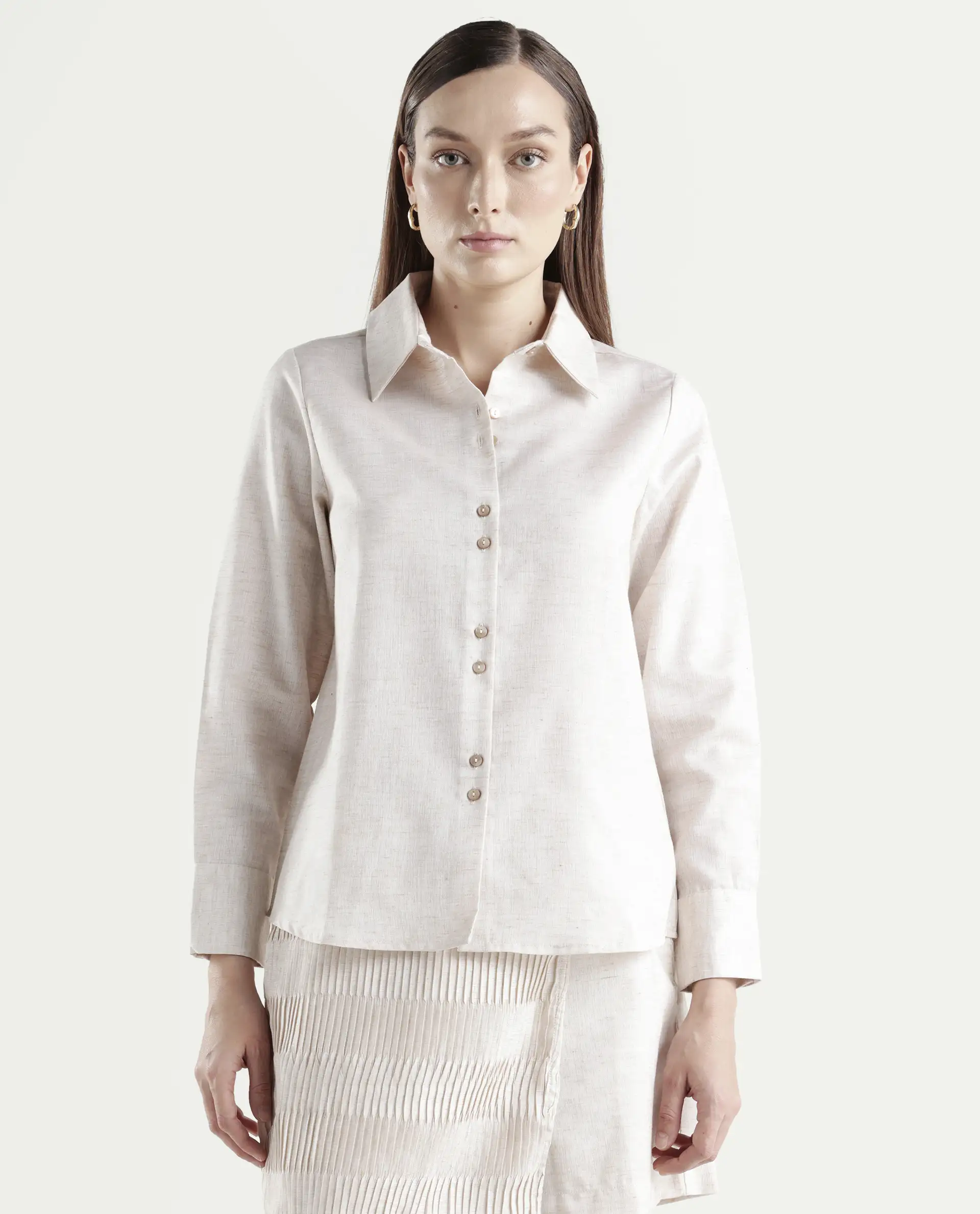 Rareism Women's Lippta Beige Polyester Spread Collar Plain Cuffed Sleeve Regular Fit Top - Image 3
