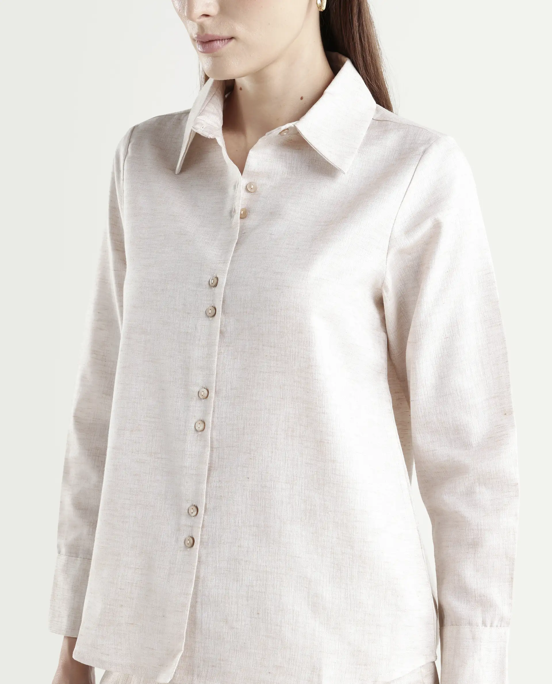Rareism Women's Lippta Beige Polyester Spread Collar Plain Cuffed Sleeve Regular Fit Top - Image 4