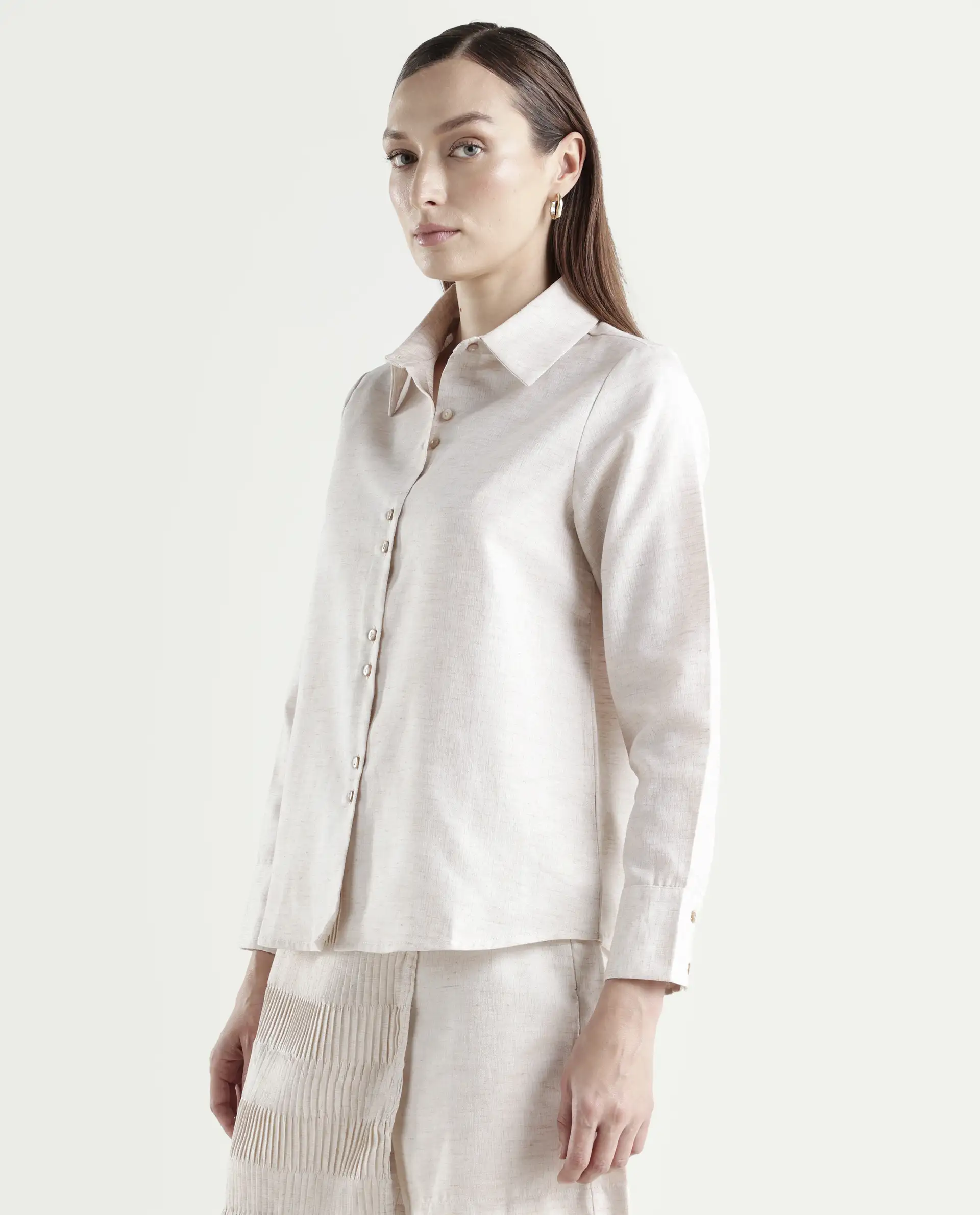 Rareism Women's Lippta Beige Polyester Spread Collar Plain Cuffed Sleeve Regular Fit Top - Image 5