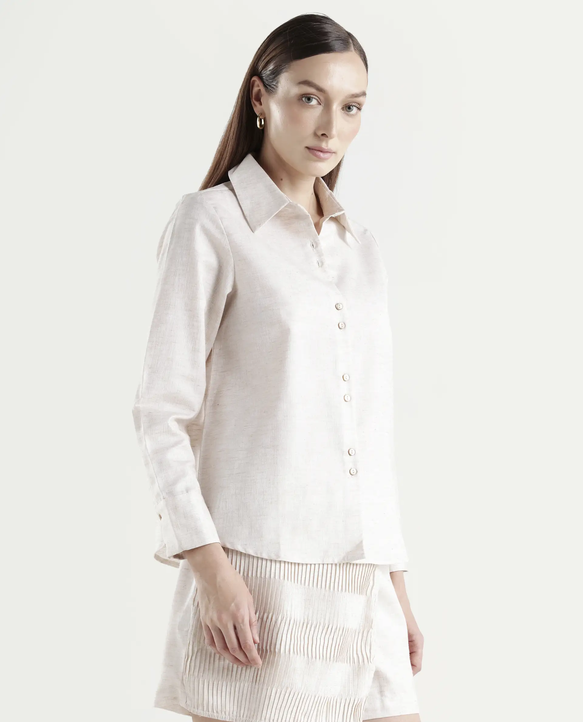 Rareism Women's Lippta Beige Polyester Spread Collar Plain Cuffed Sleeve Regular Fit Top - Image 6