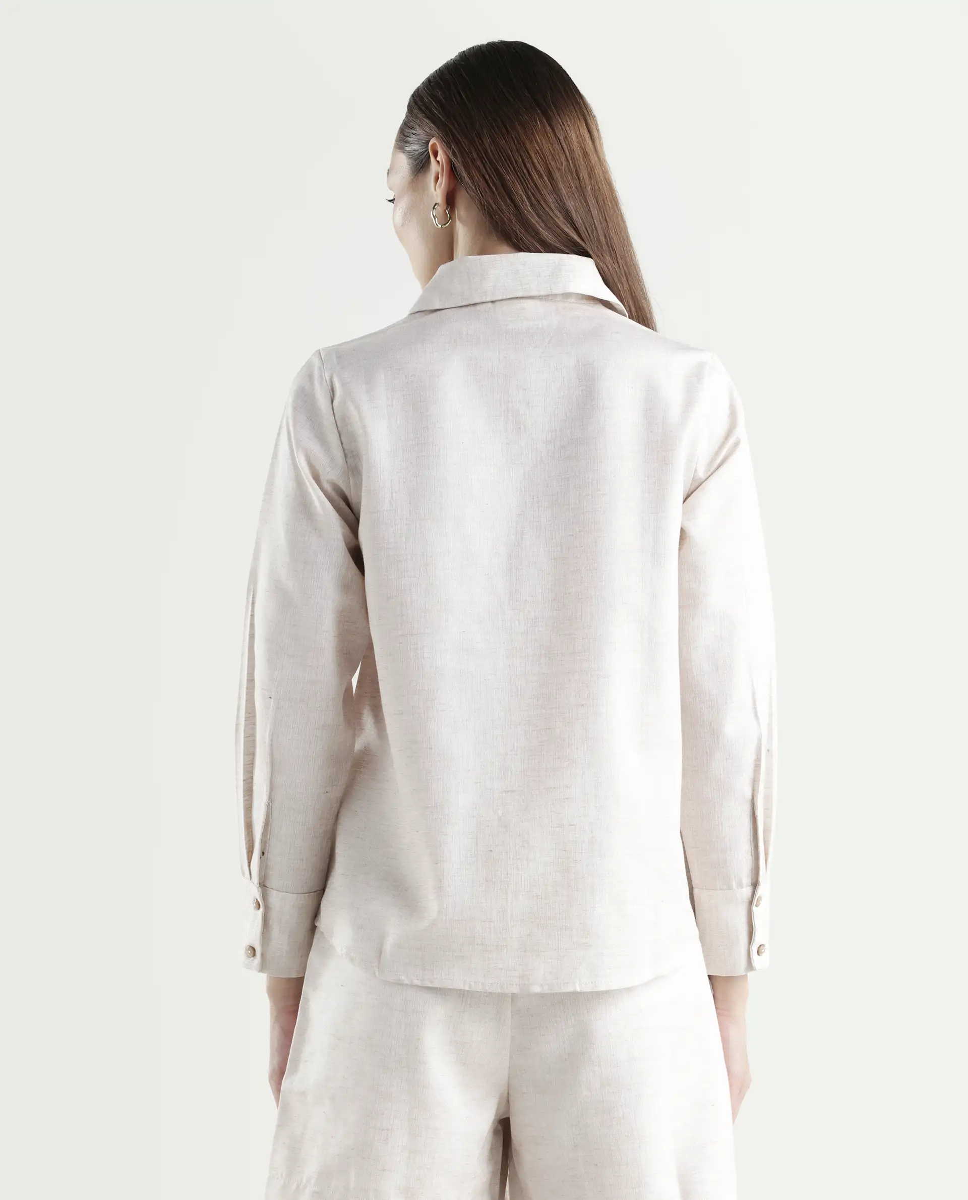 Rareism Women's Lippta Beige Polyester Spread Collar Plain Cuffed Sleeve Regular Fit Top - Image 7