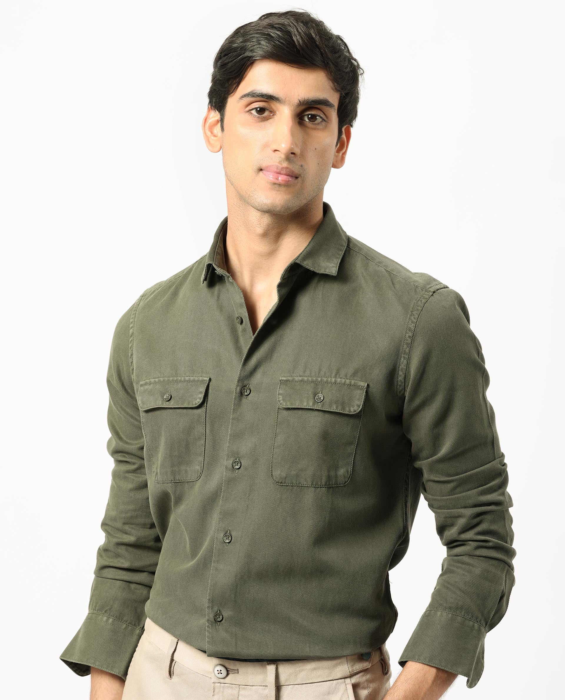 Rare Rabbit Men's Lipton Dark Olive Cotton Plain Regular Fit Full Sleeve Collared Shirt