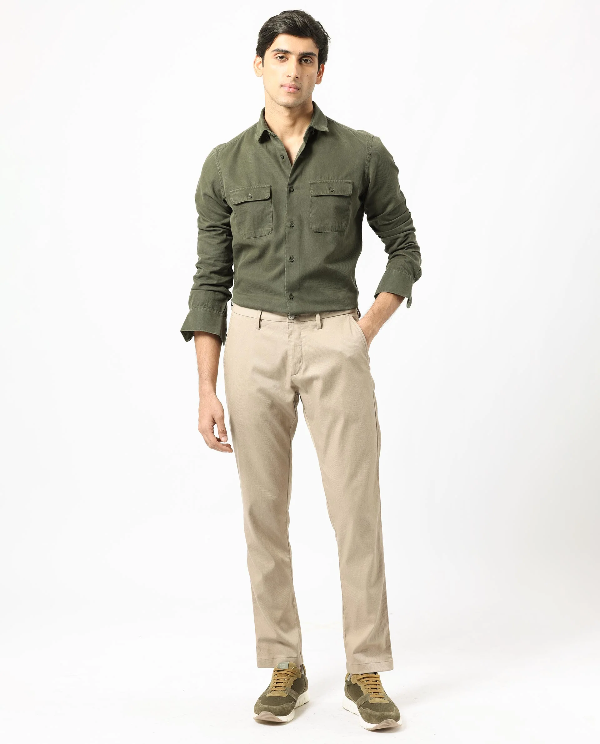 Rare Rabbit Men's Lipton Dark Olive Cotton Plain Regular Fit Full Sleeve Collared Shirt - Image 2