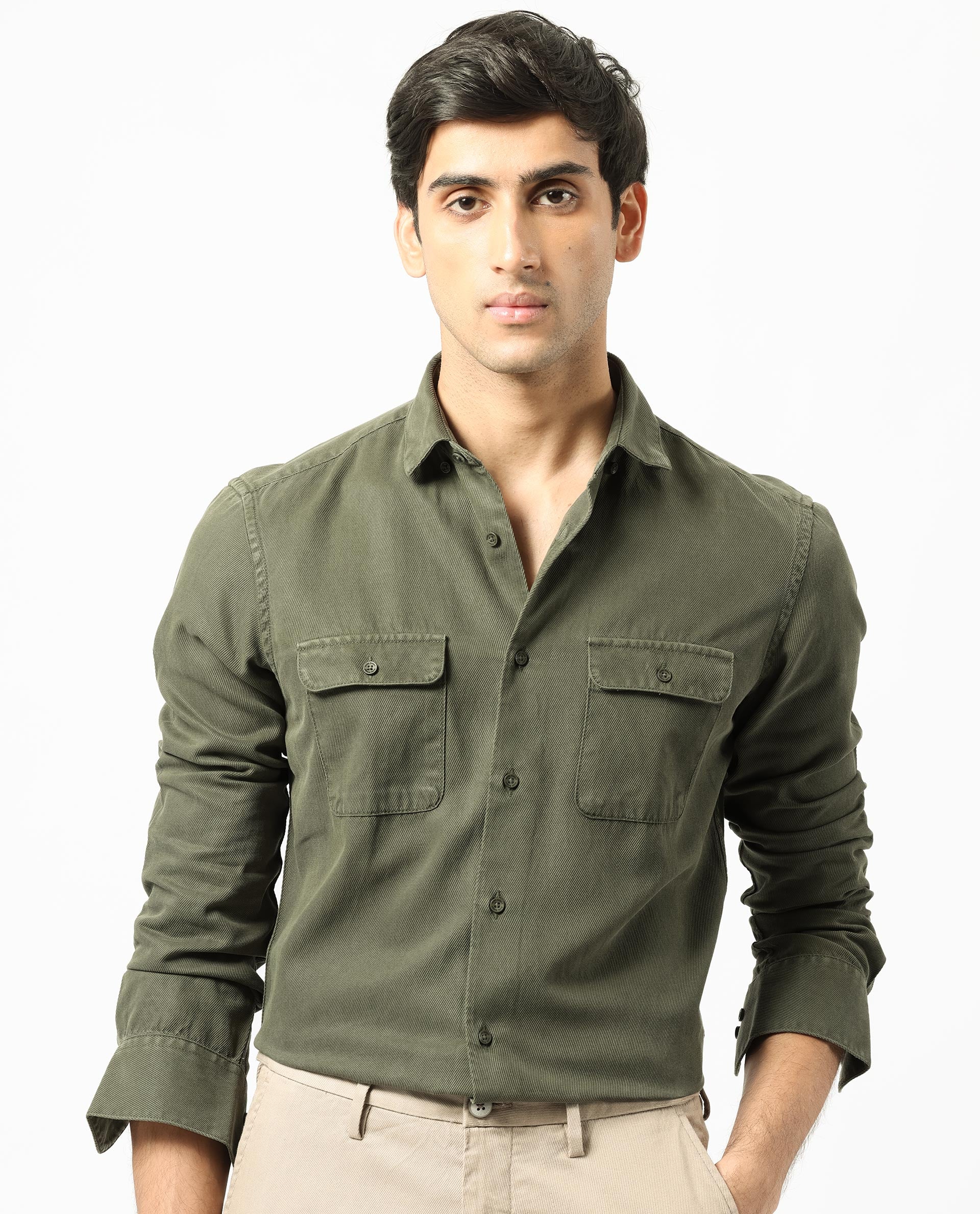 Rare Rabbit Men's Lipton Dark Olive Cotton Plain Regular Fit Full Sleeve Collared Shirt - Image 3