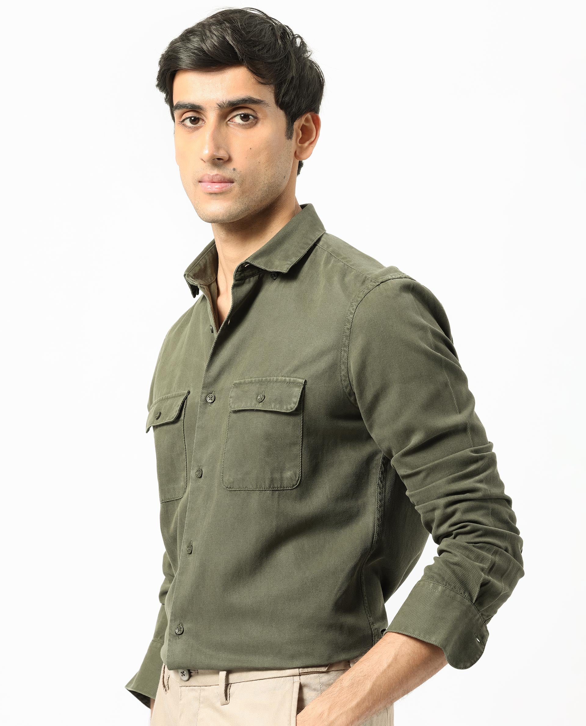 Rare Rabbit Men's Lipton Dark Olive Cotton Plain Regular Fit Full Sleeve Collared Shirt - Image 7