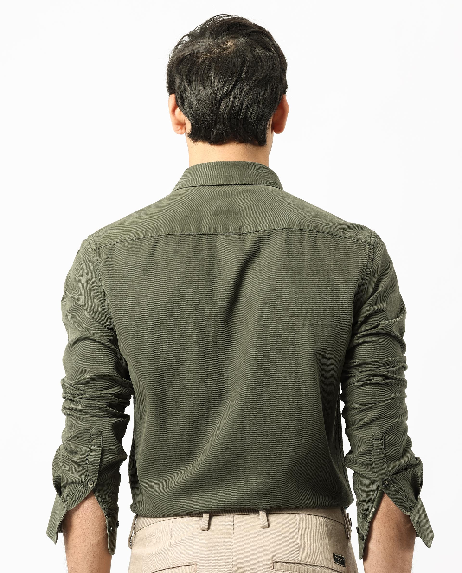 Rare Rabbit Men's Lipton Dark Olive Cotton Plain Regular Fit Full Sleeve Collared Shirt - Image 9
