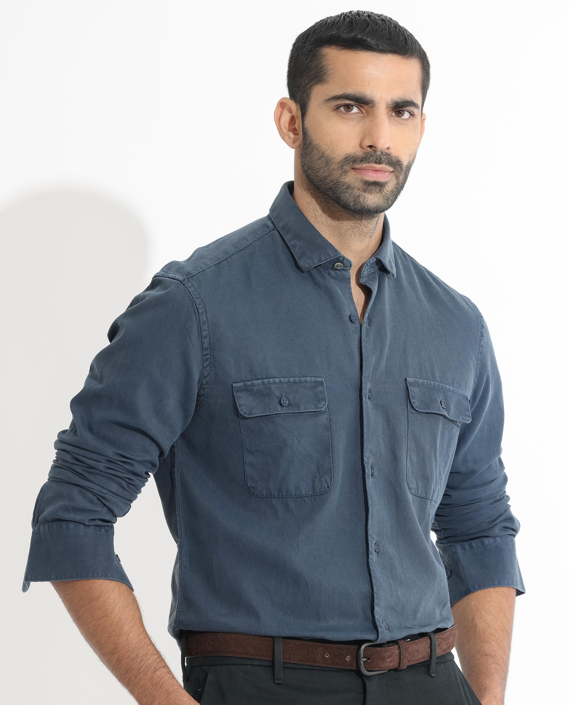 Rare Rabbit Men's Lipton Dusky Navy Cotton Plain Regular Fit Full Sleeve Collared Shirt - Image 3