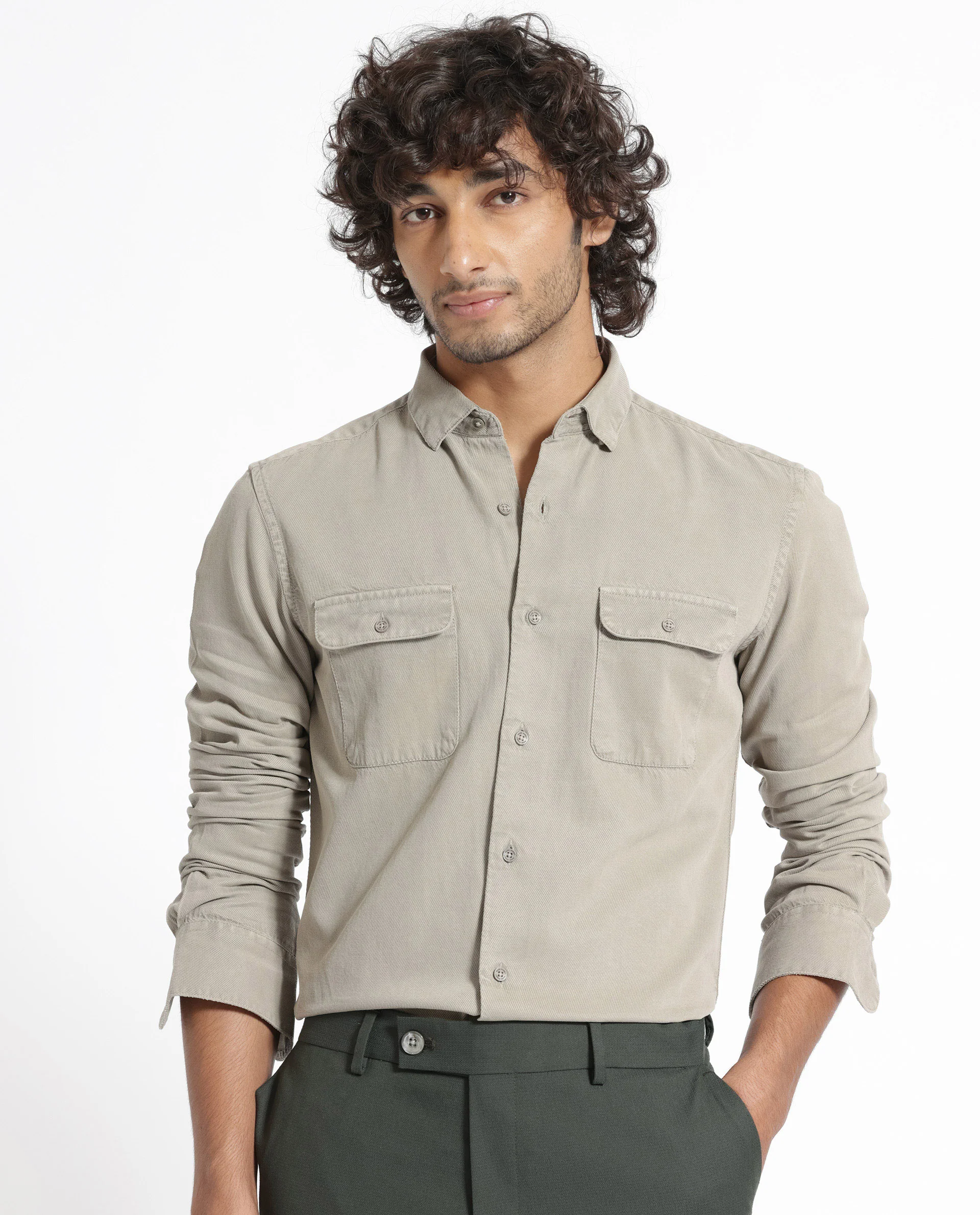 Rare Rabbit Men's Lipton Light Grey Cotton Plain Regular Fit Full Sleeve Collared Shirt - Image 3