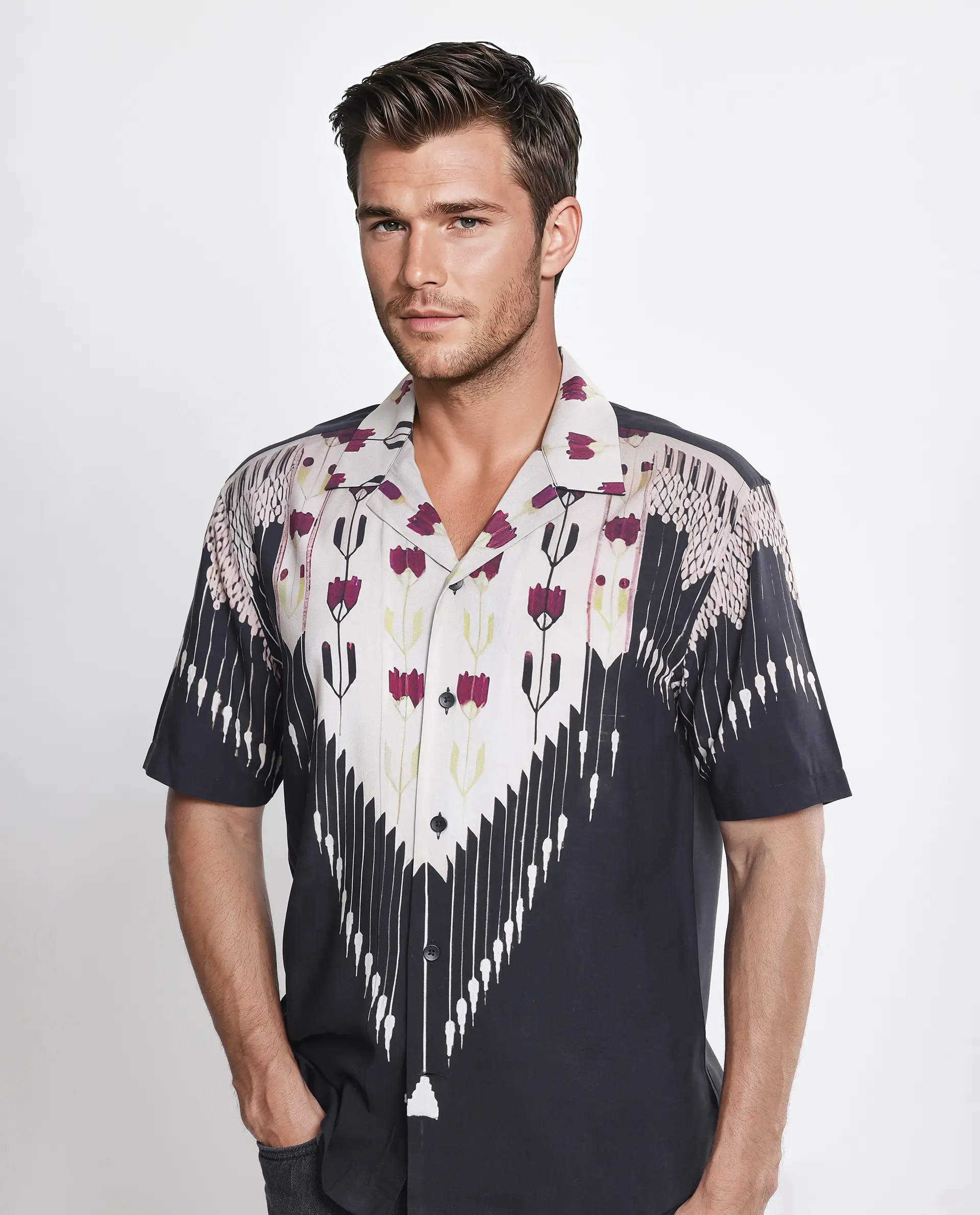 Rare Rabbit Men's Lisat Black Viscose Abstract Print Boxy Fit Half Sleeve Cuban Collar Shirt - Image 10