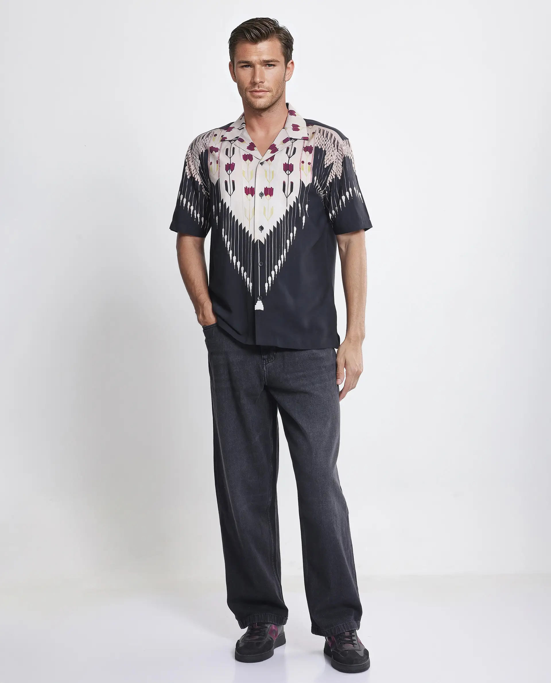 Rare Rabbit Men's Lisat Black Viscose Abstract Print Boxy Fit Half Sleeve Cuban Collar Shirt - Image 3