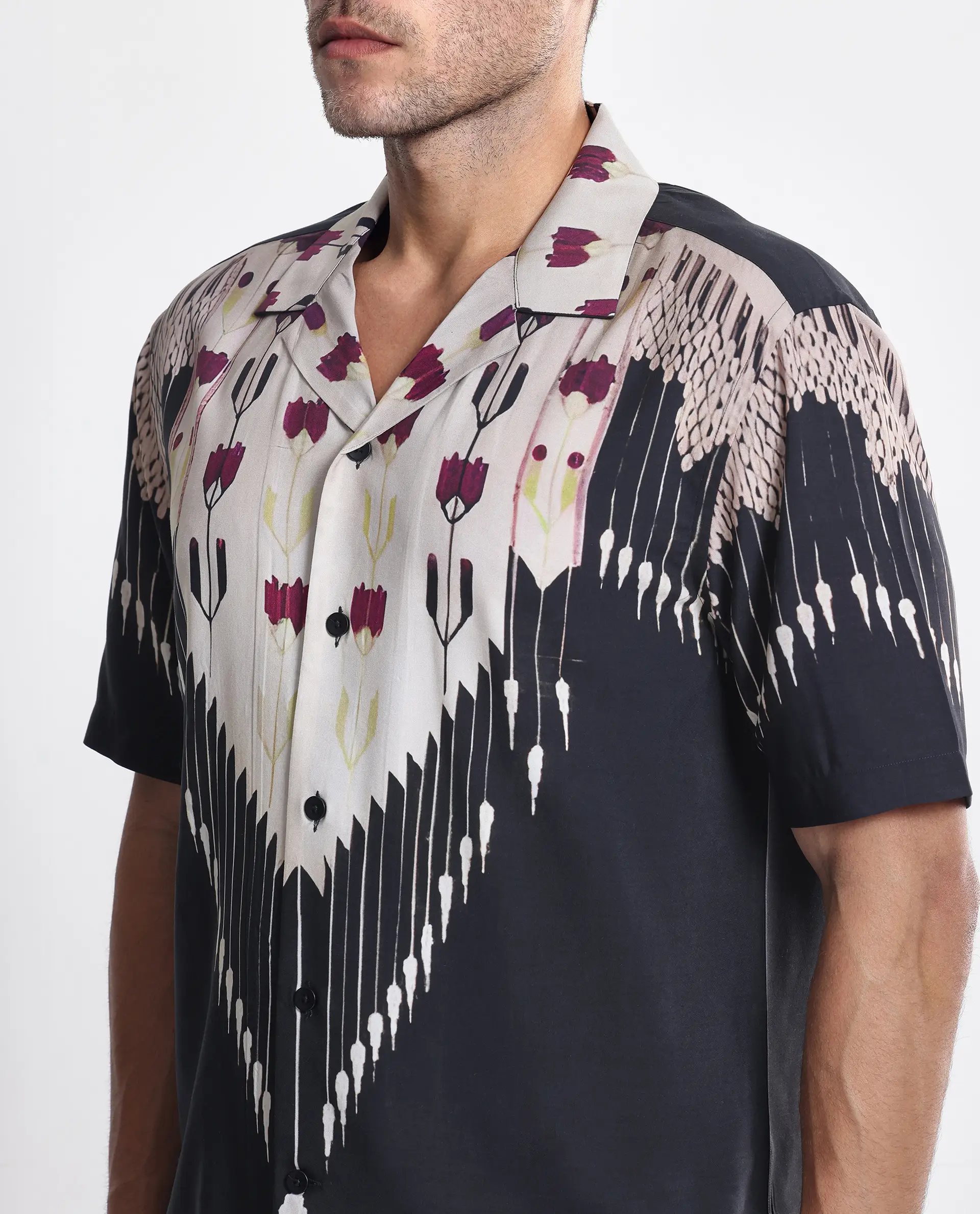 Rare Rabbit Men's Lisat Black Viscose Abstract Print Boxy Fit Half Sleeve Cuban Collar Shirt - Image 4