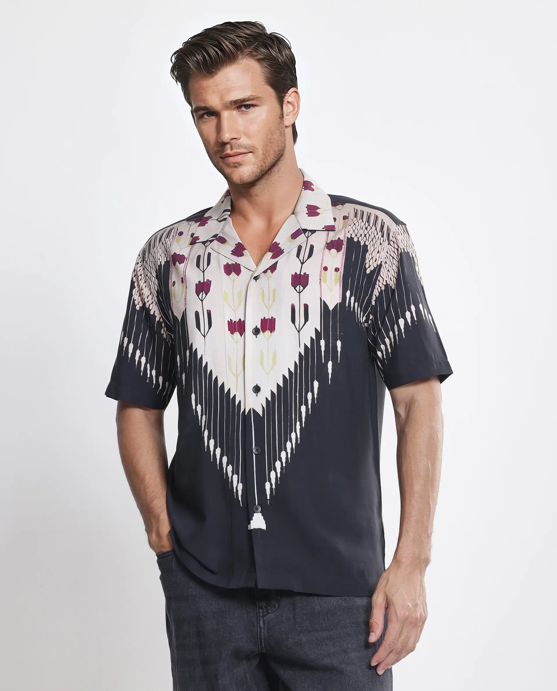 Rare Rabbit Men's Lisat Black Viscose Abstract Print Boxy Fit Half Sleeve Cuban Collar Shirt - Image 6