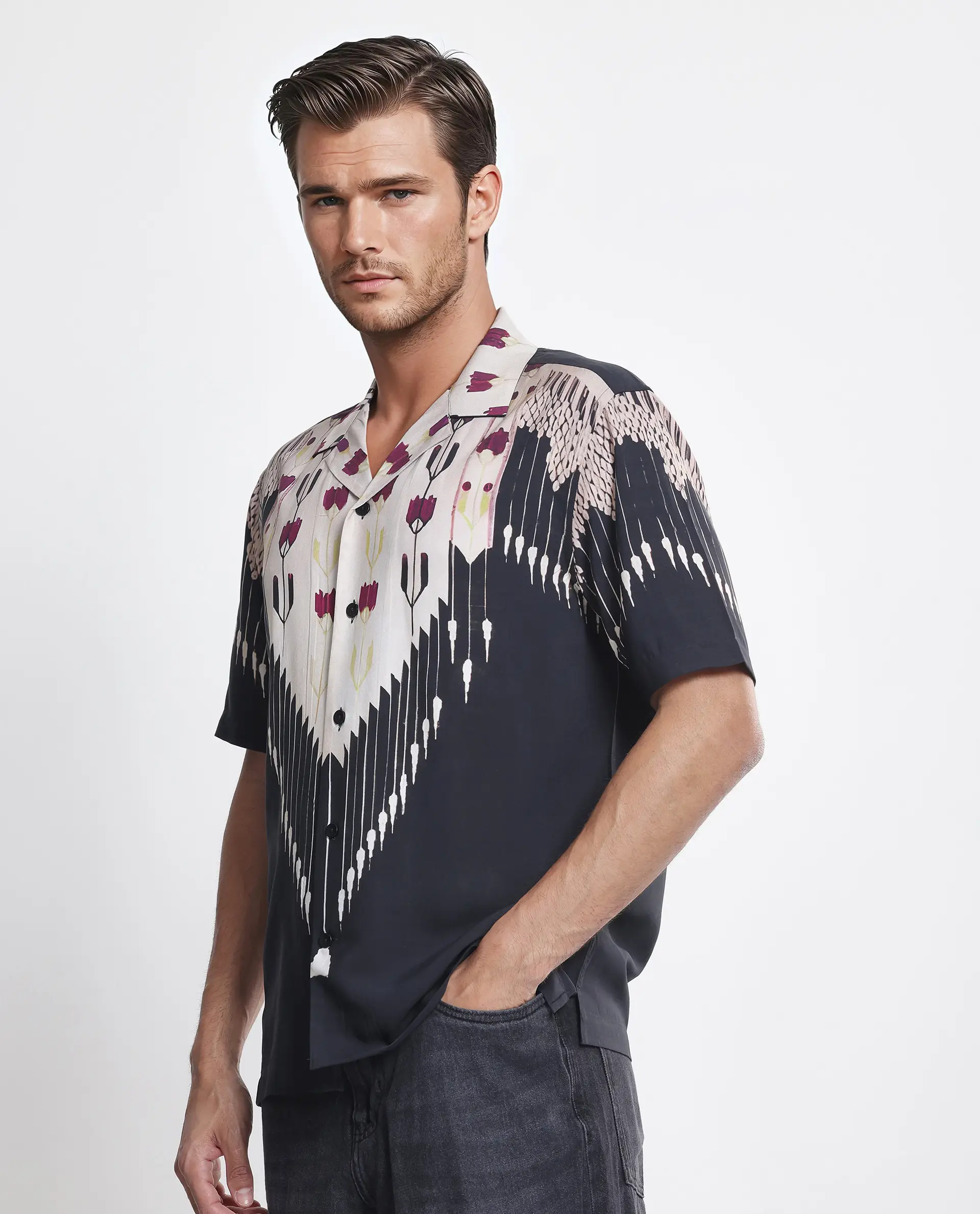 Rare Rabbit Men's Lisat Black Viscose Abstract Print Boxy Fit Half Sleeve Cuban Collar Shirt - Image 7