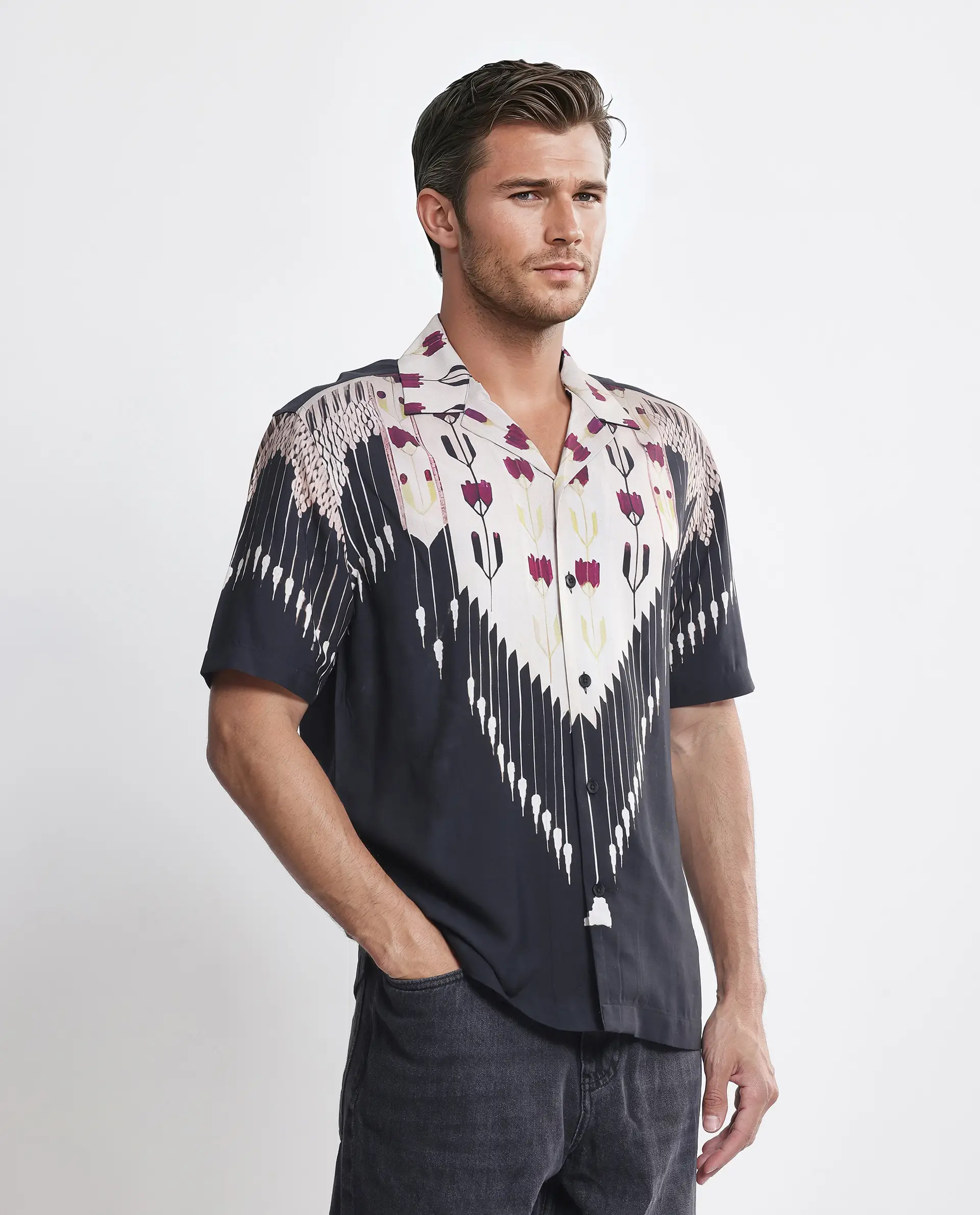 Rare Rabbit Men's Lisat Black Viscose Abstract Print Boxy Fit Half Sleeve Cuban Collar Shirt - Image 8
