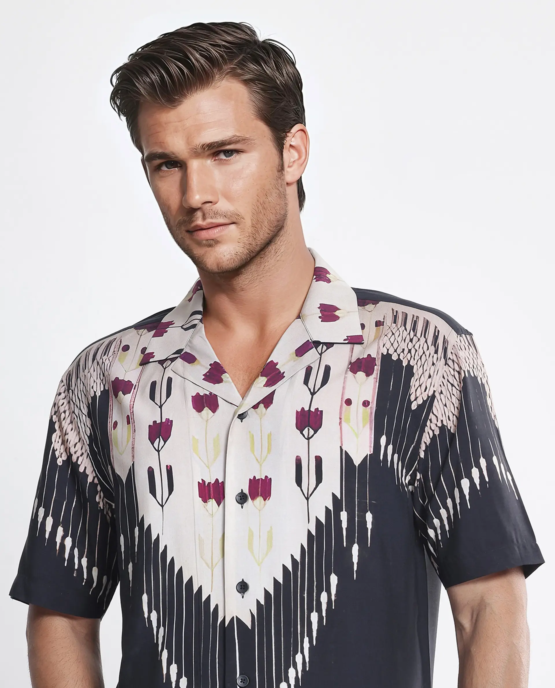 Rare Rabbit Men's Lisat Black Viscose Abstract Print Boxy Fit Half Sleeve Cuban Collar Shirt - Image 9