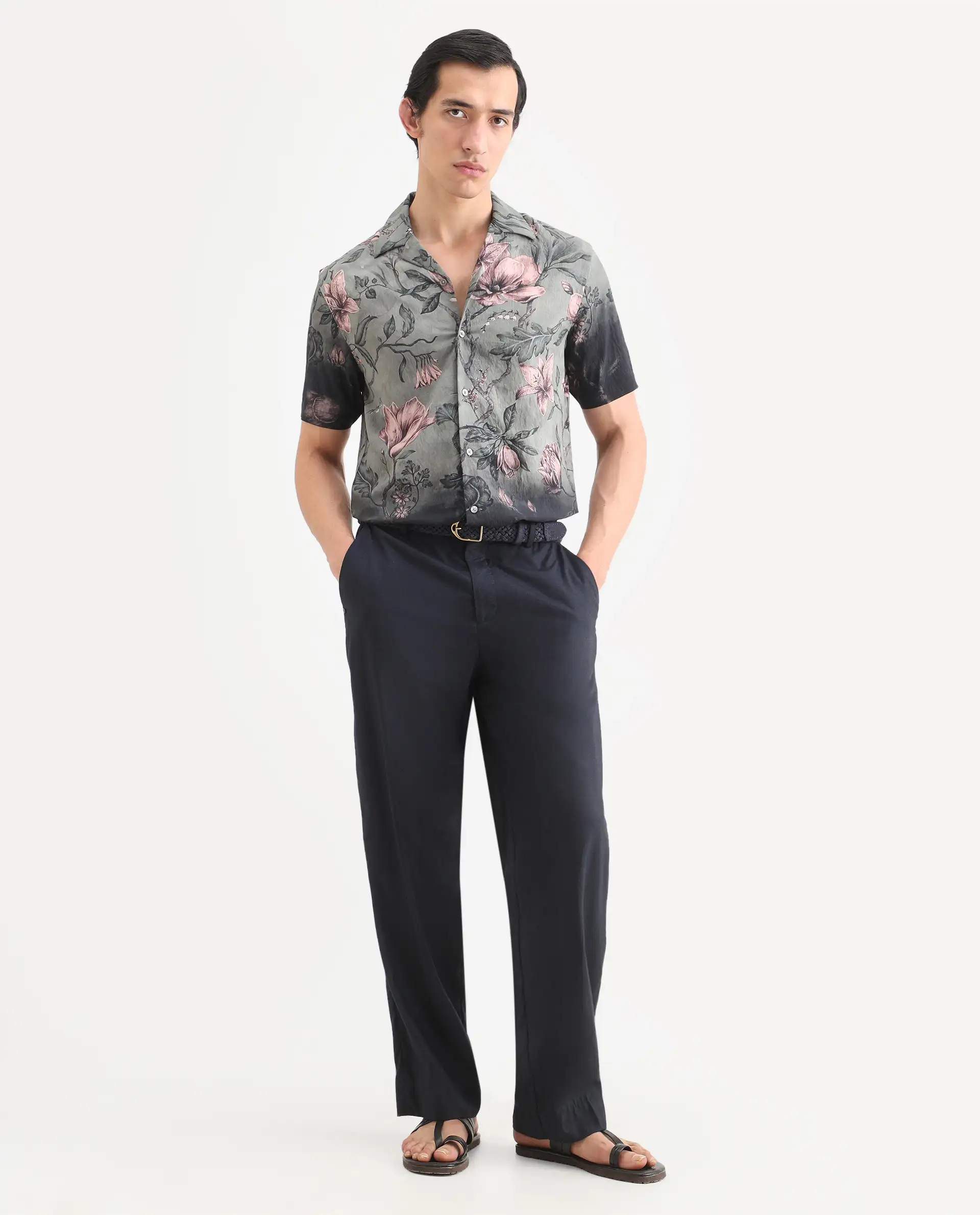 Rare Rabbit Men's Litor Dusky Green Viscose Blend Floral Print Relaxed Fit Half Sleeve Cuban Collar Shirt - Image 2