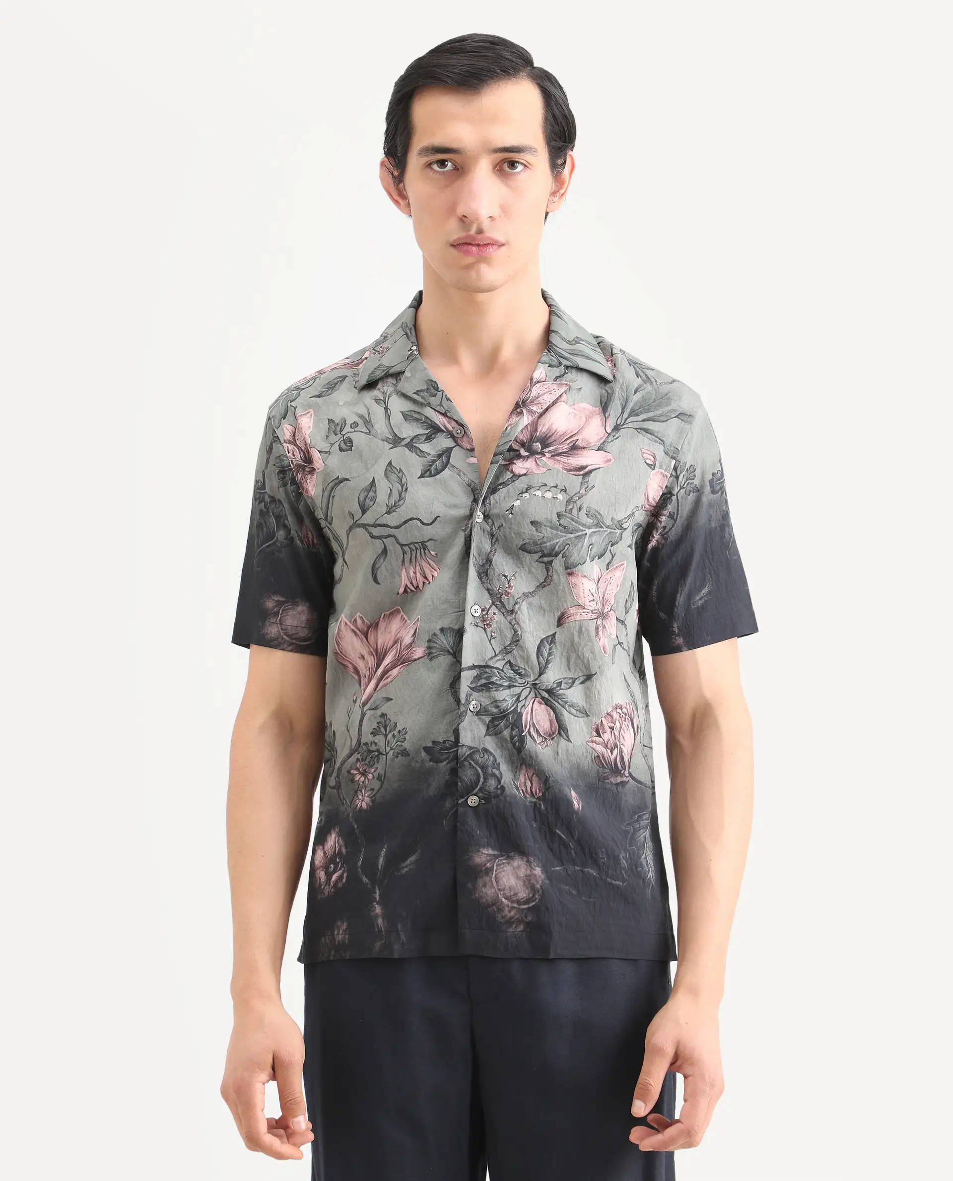 Rare Rabbit Men's Litor Dusky Green Viscose Blend Floral Print Relaxed Fit Half Sleeve Cuban Collar Shirt - Image 3