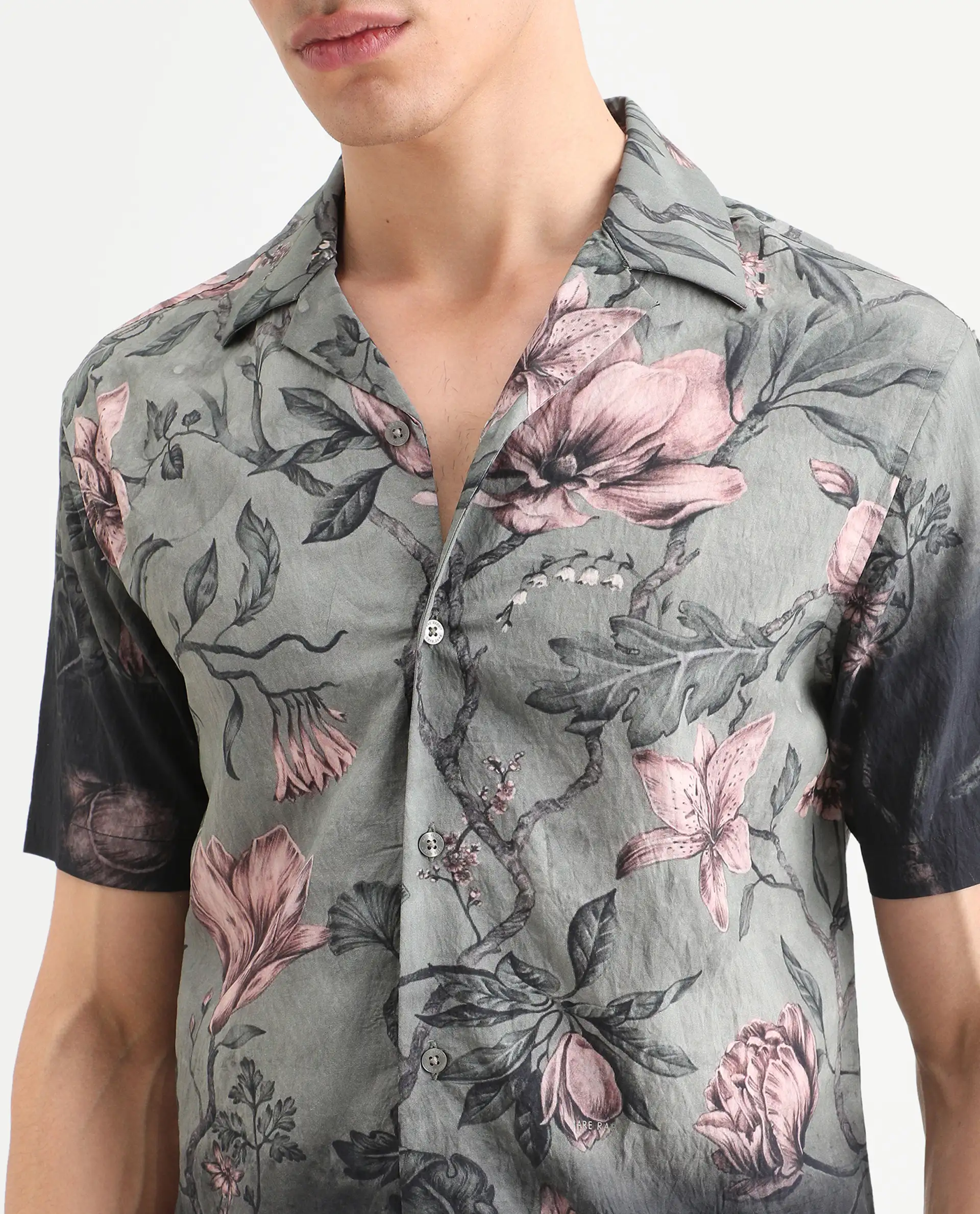 Rare Rabbit Men's Litor Dusky Green Viscose Blend Floral Print Relaxed Fit Half Sleeve Cuban Collar Shirt - Image 4