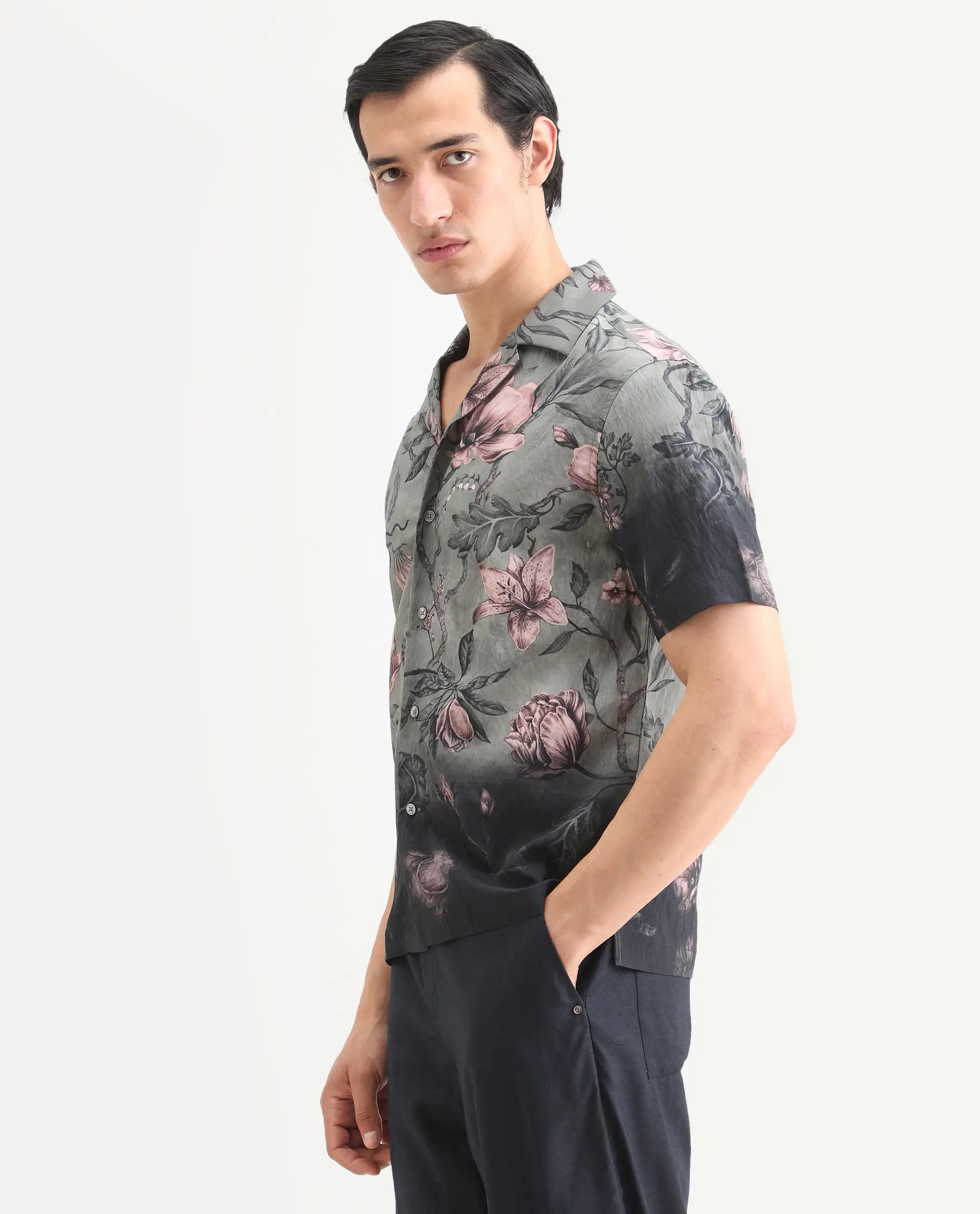 Rare Rabbit Men's Litor Dusky Green Viscose Blend Floral Print Relaxed Fit Half Sleeve Cuban Collar Shirt - Image 5