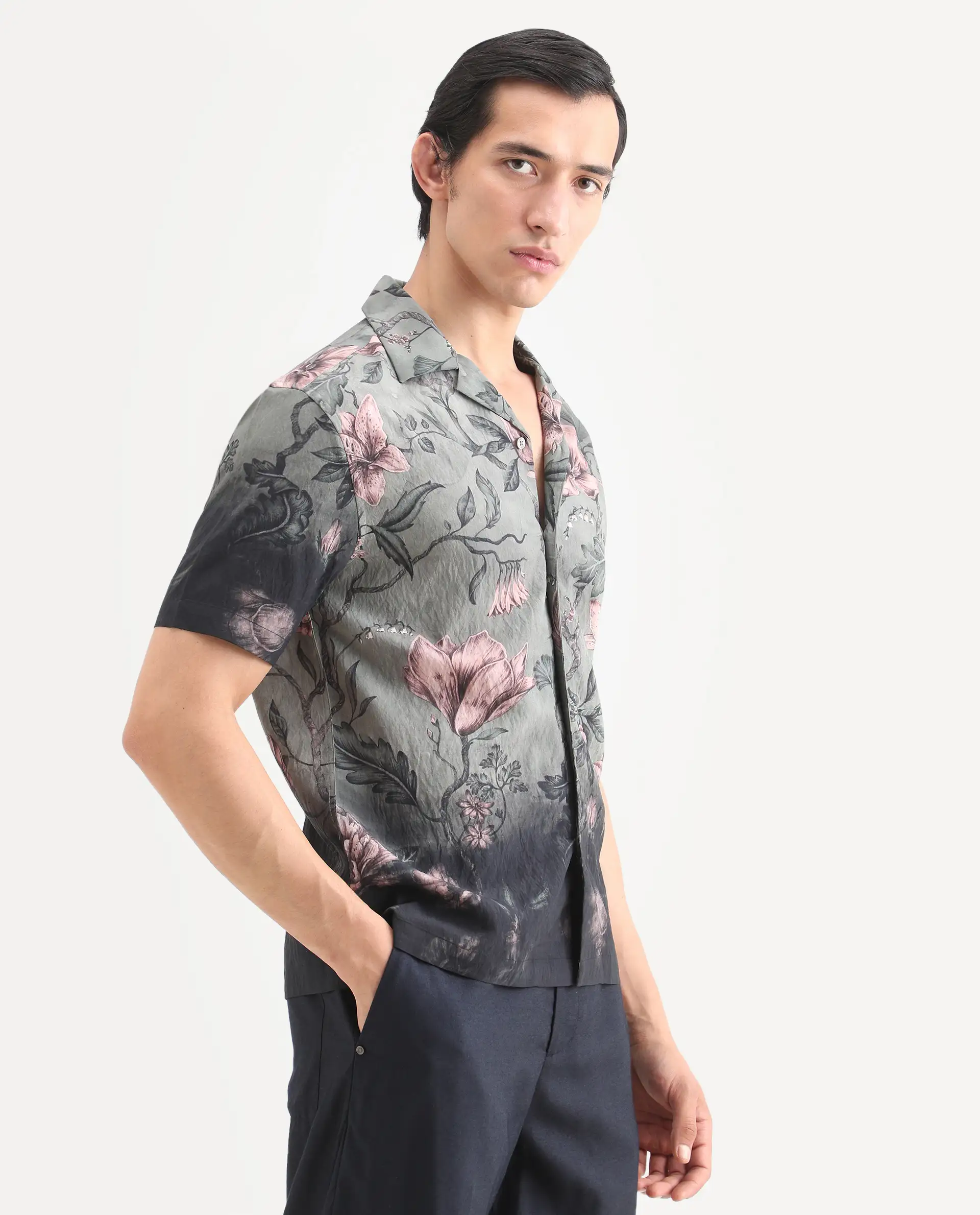 Rare Rabbit Men's Litor Dusky Green Viscose Blend Floral Print Relaxed Fit Half Sleeve Cuban Collar Shirt - Image 6