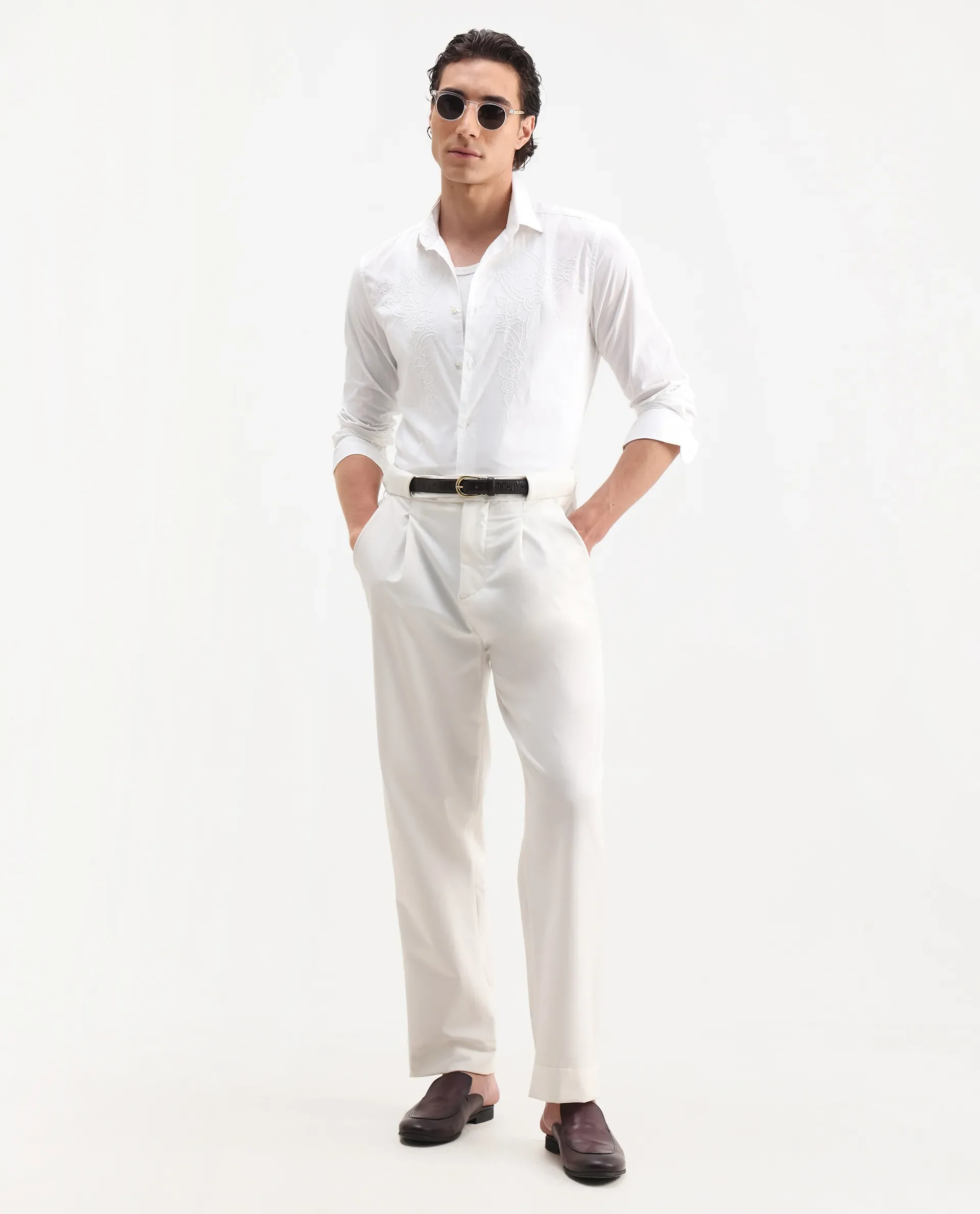 Rare Rabbit Men's Livio White Cotton Embroidered Regular Fit Full Sleeve Collared Shirt - Image 2
