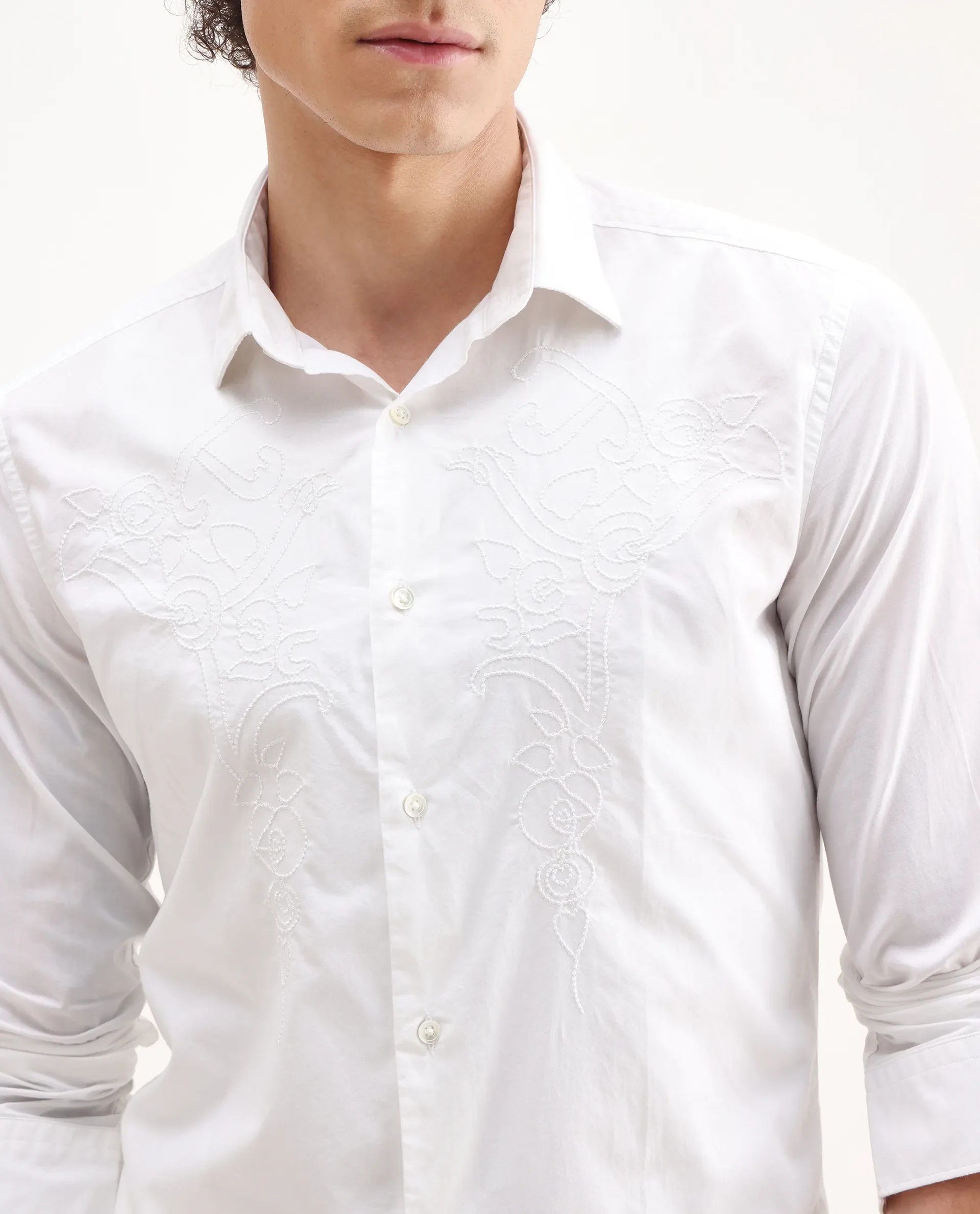 Rare Rabbit Men's Livio White Cotton Embroidered Regular Fit Full Sleeve Collared Shirt - Image 3