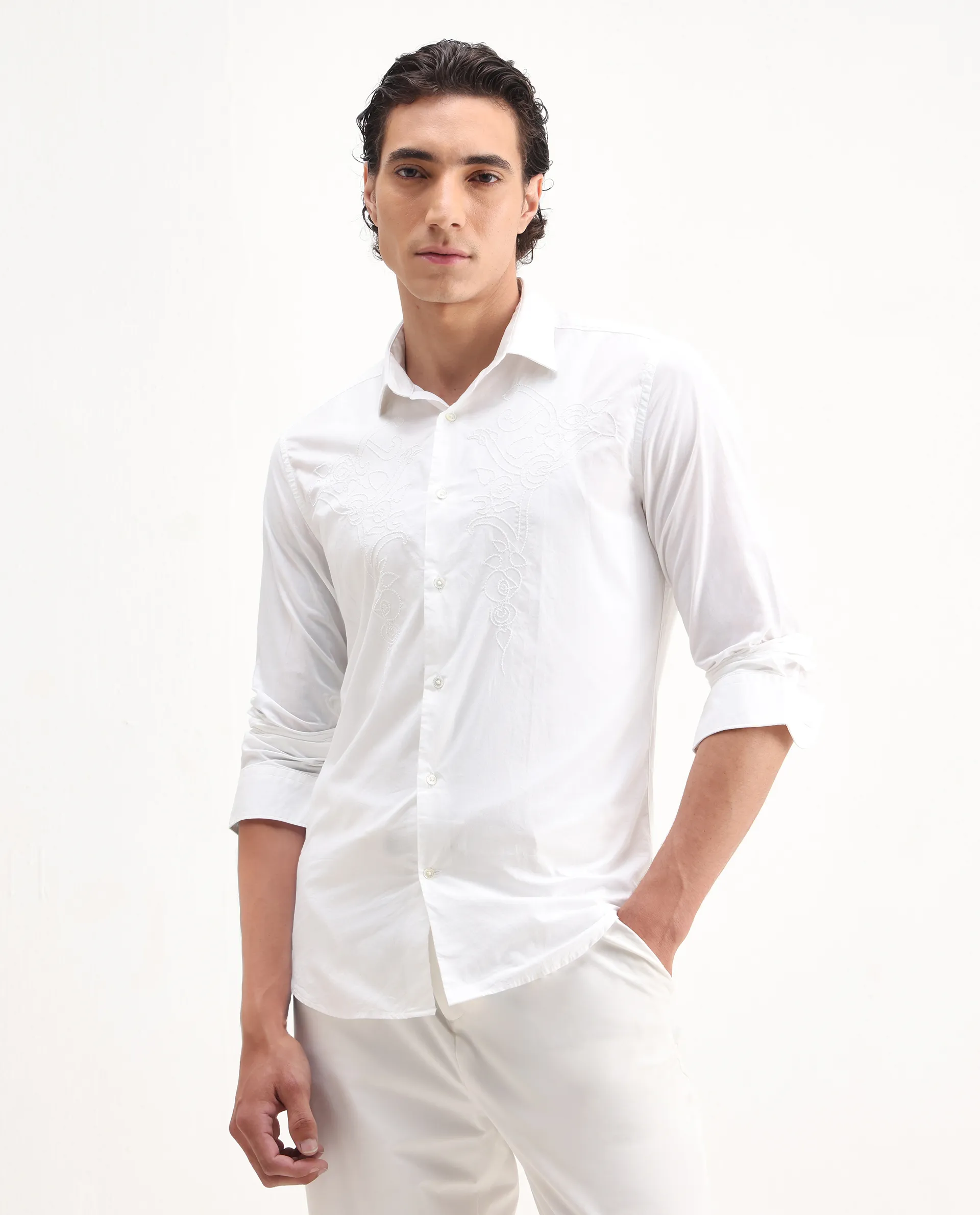 Rare Rabbit Men's Livio White Cotton Embroidered Regular Fit Full Sleeve Collared Shirt - Image 4
