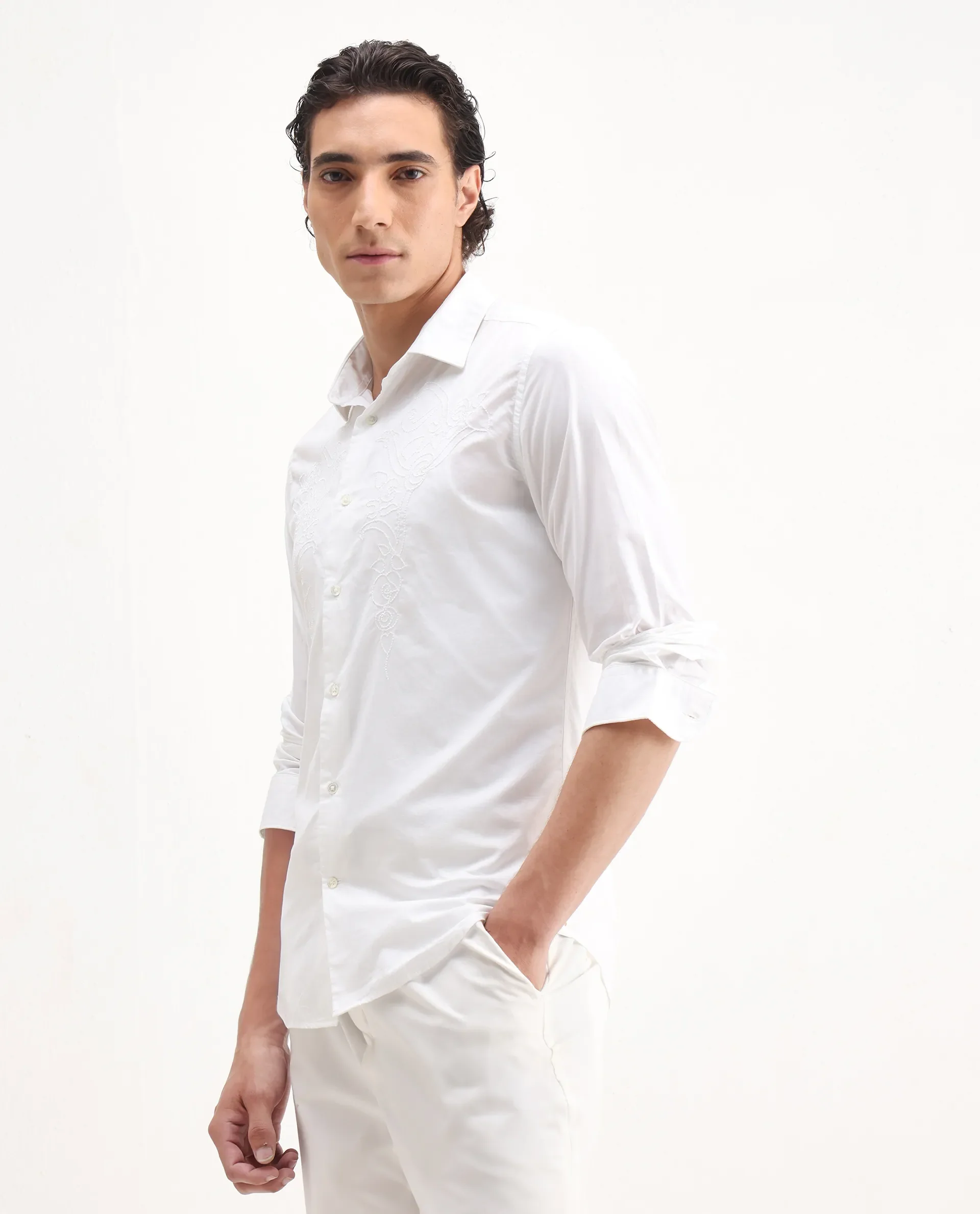 Rare Rabbit Men's Livio White Cotton Embroidered Regular Fit Full Sleeve Collared Shirt - Image 5
