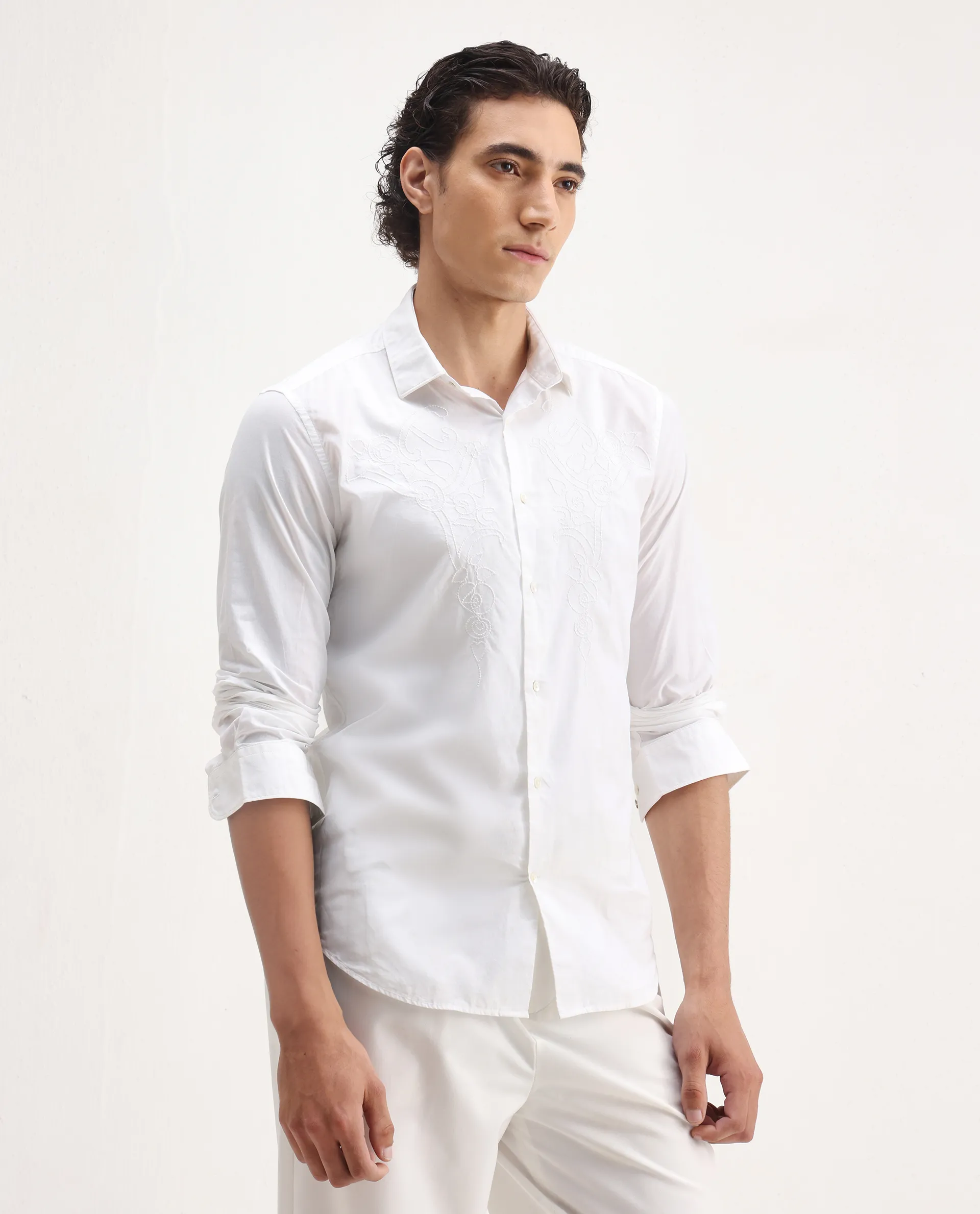 Rare Rabbit Men's Livio White Cotton Embroidered Regular Fit Full Sleeve Collared Shirt - Image 6