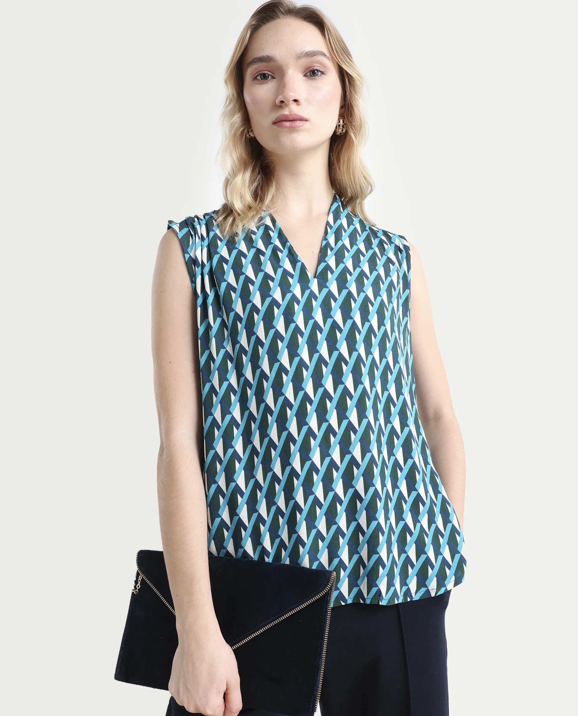 Rareism Women's Livon Multi Viscose Blend V-Neck Geometric Print Sleeveless Regular Fit Top
