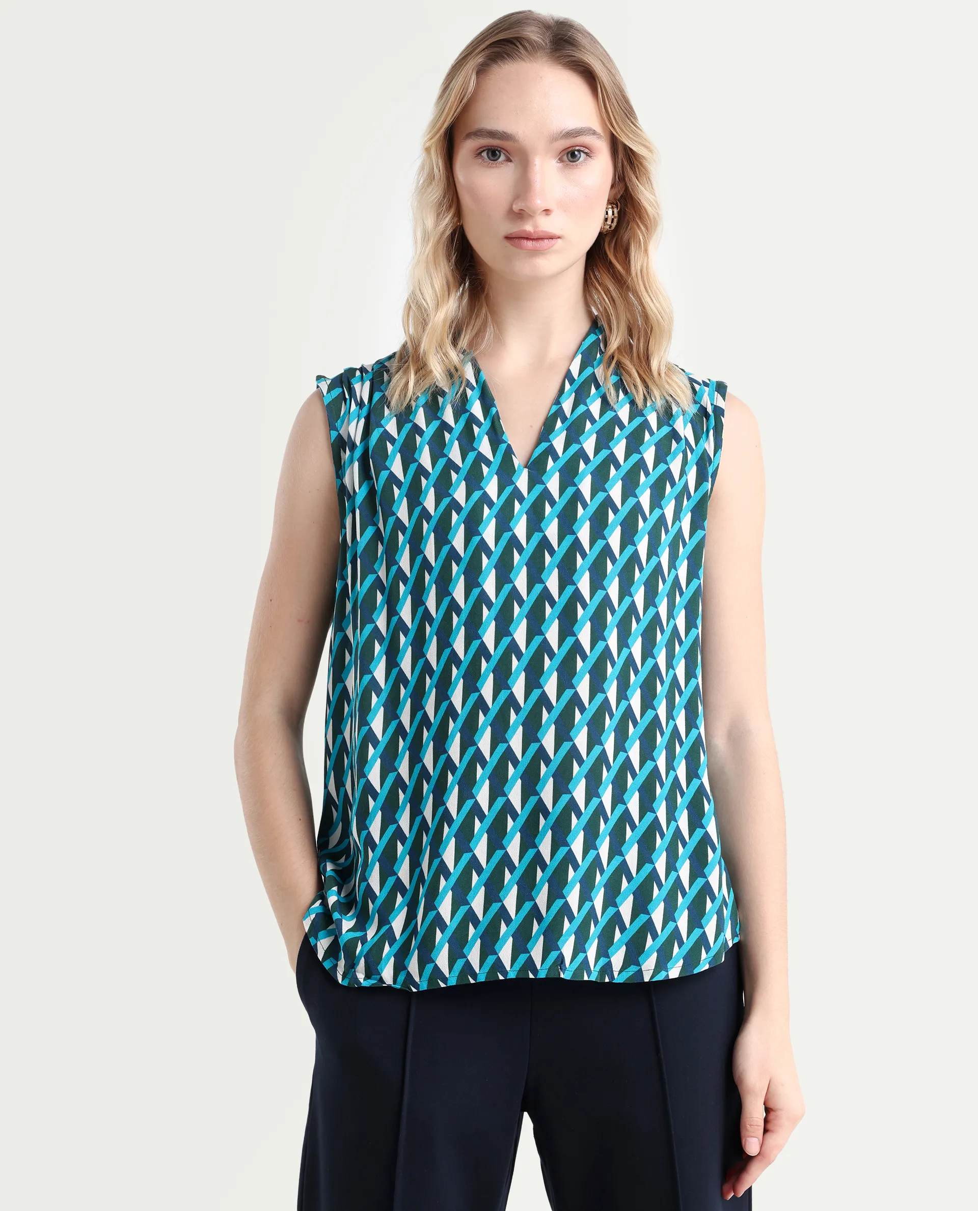 Rareism Women's Livon Multi Viscose Blend V-Neck Geometric Print Sleeveless Regular Fit Top - Image 3
