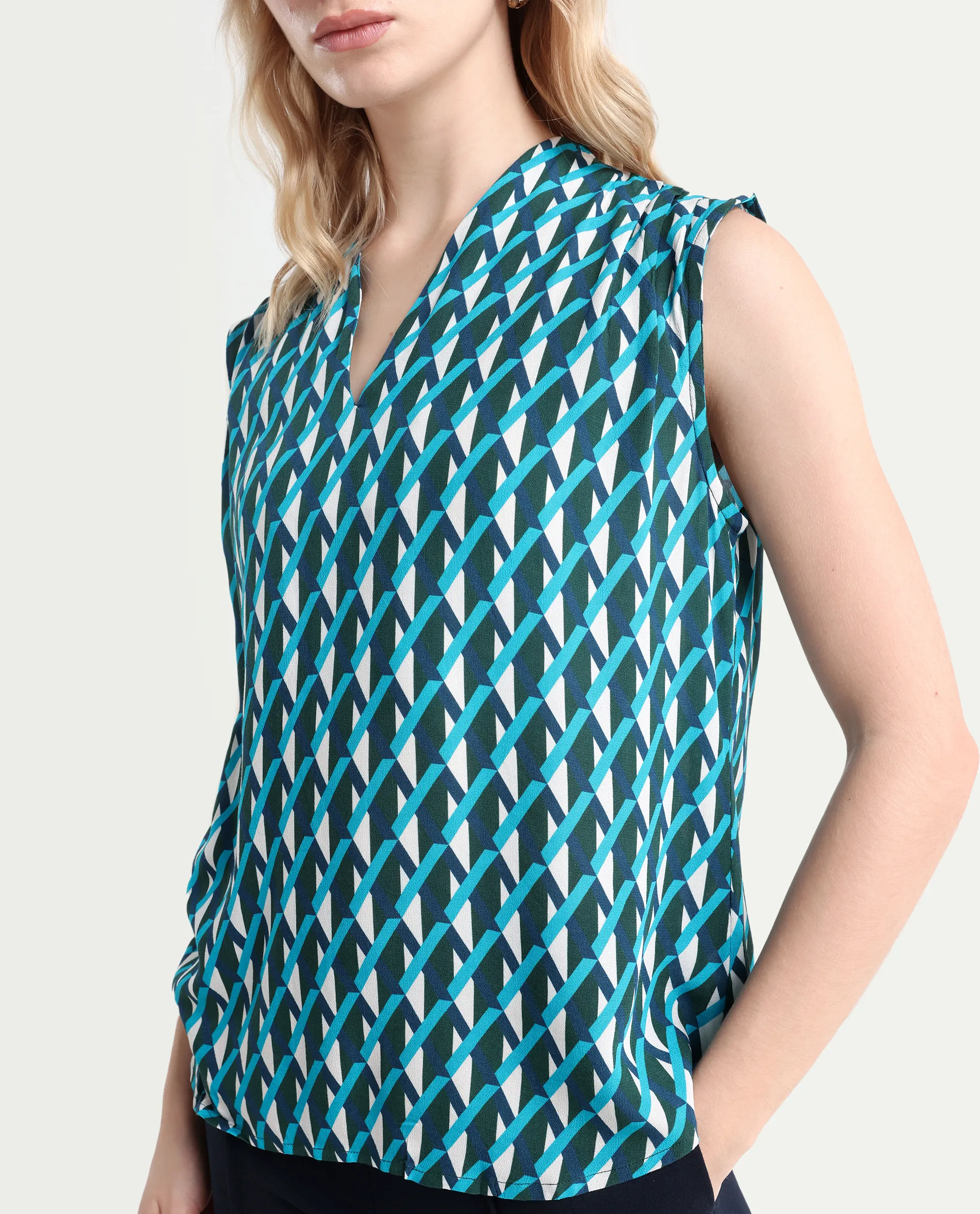 Rareism Women's Livon Multi Viscose Blend V-Neck Geometric Print Sleeveless Regular Fit Top - Image 4